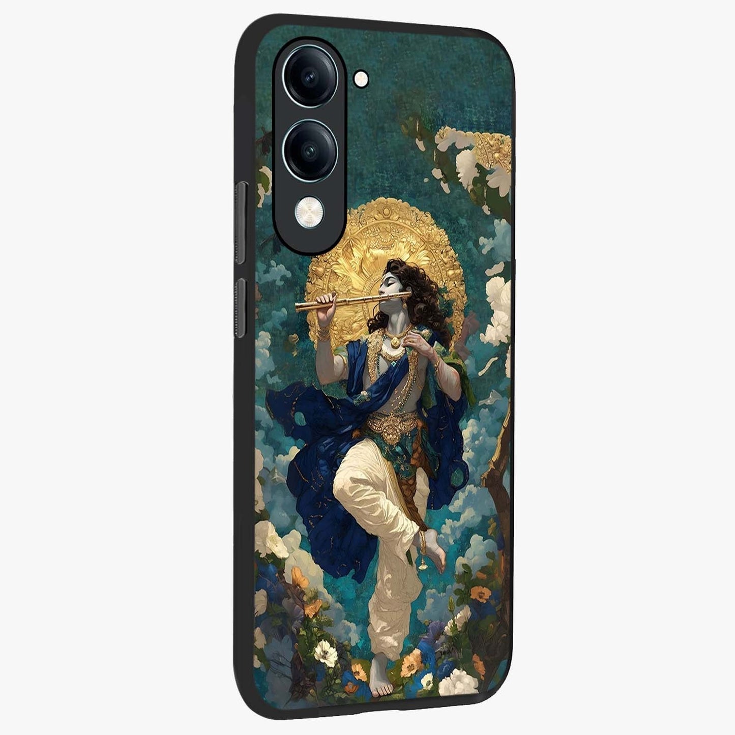 Divine Krishna Art Glass Case upright view showcasing divine Krishna artwork with sacred artistic theme.