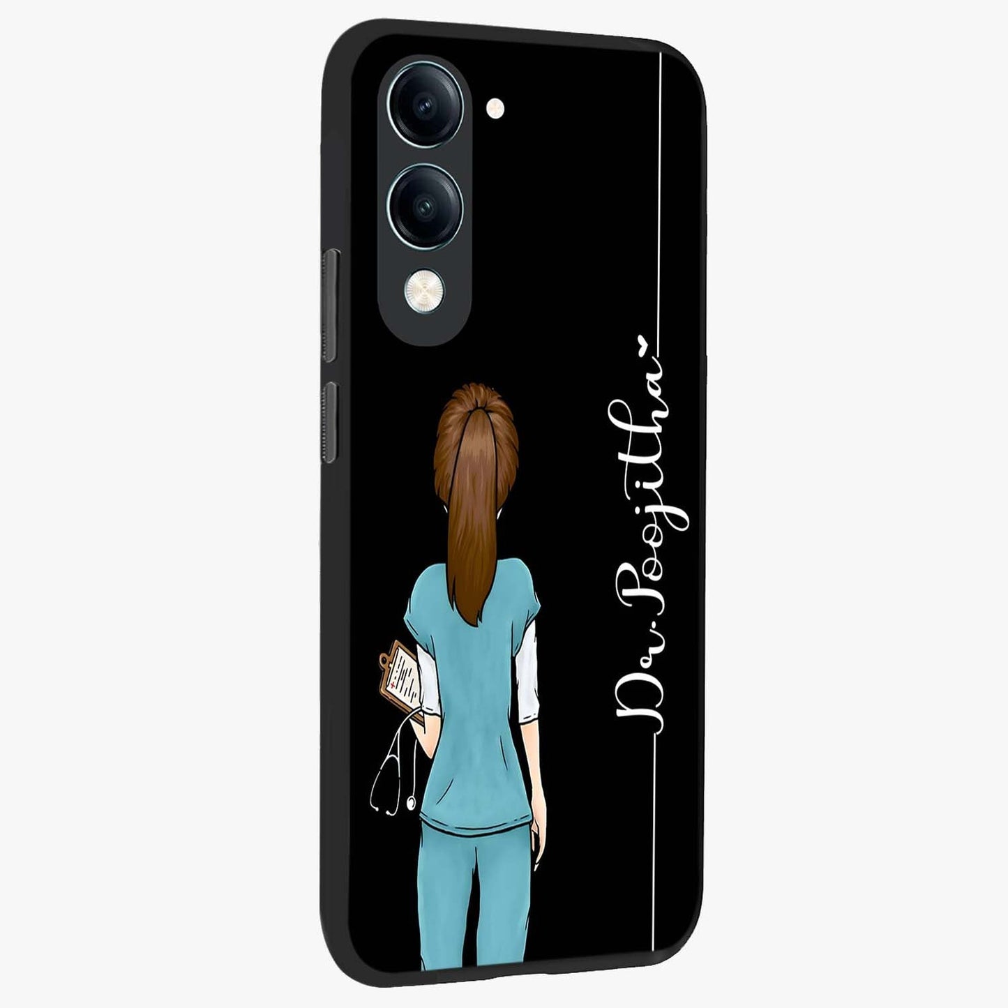 Doctor Pattern Custom Name Glass Case upright view showcasing healthcare themed design with personalized aesthetic.