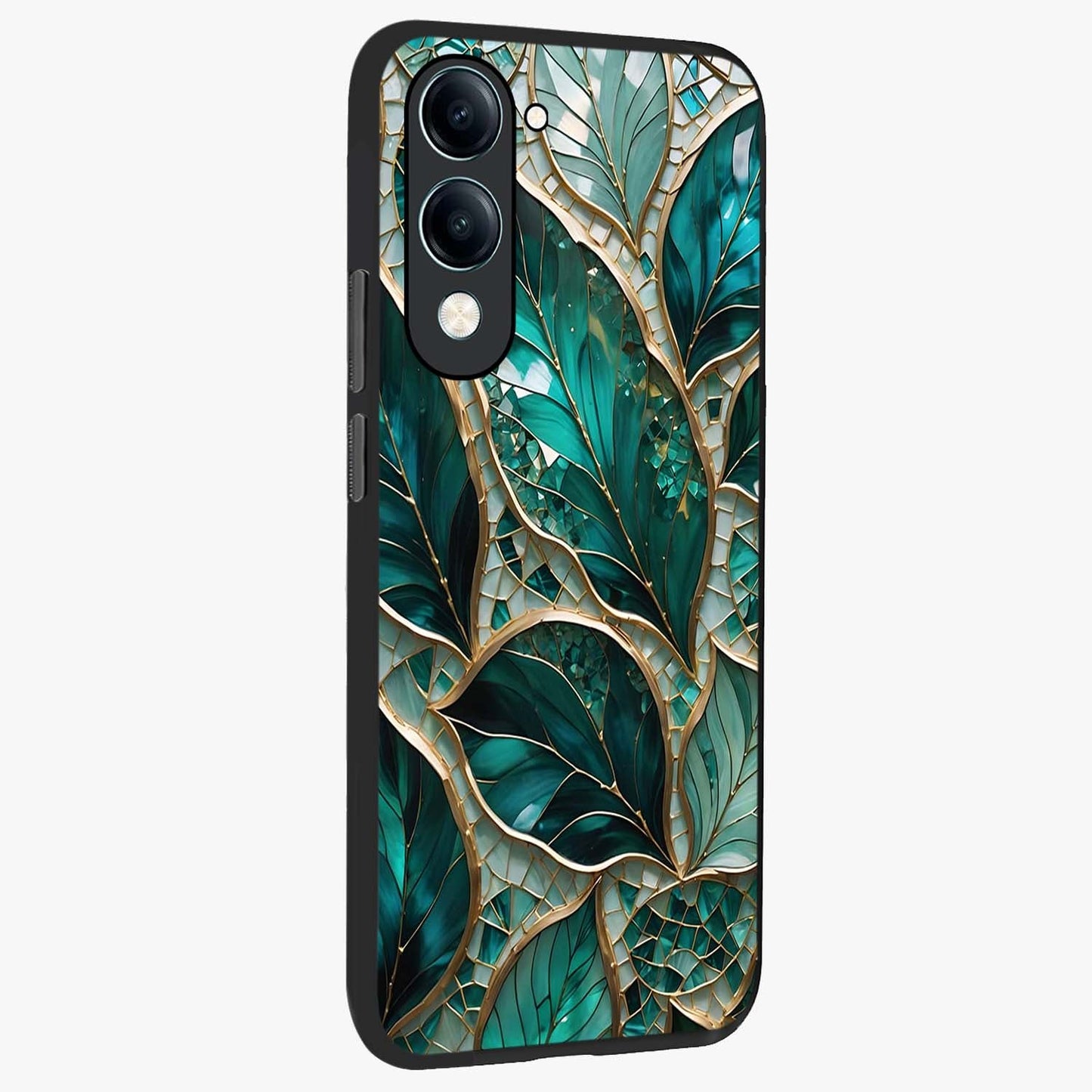 Emerald Leaf Glass Glass Case upright view showcasing fresh green leaf artwork with calming nature inspired style.