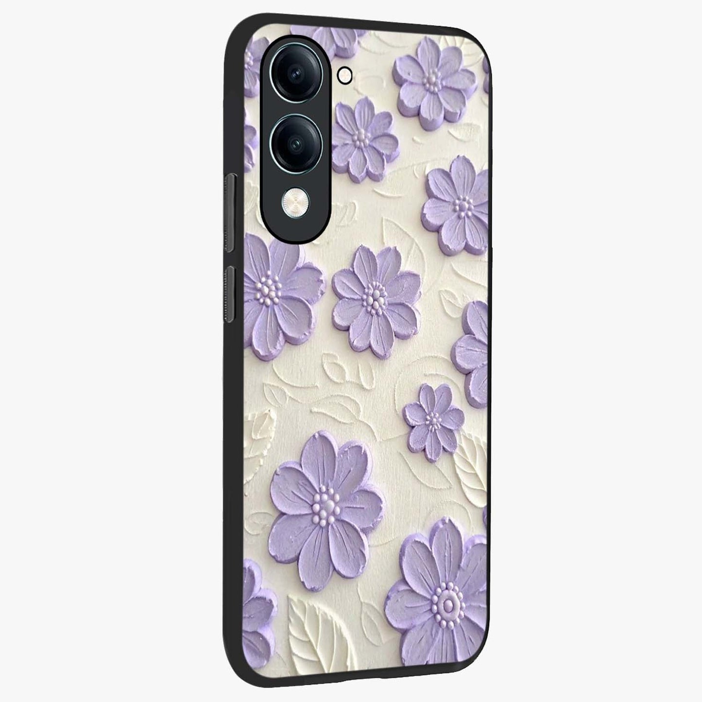 Floral Wall Art With Purple Flowers Glass Case upright view showcasing elegant purple flower artwork with decorative floral theme.