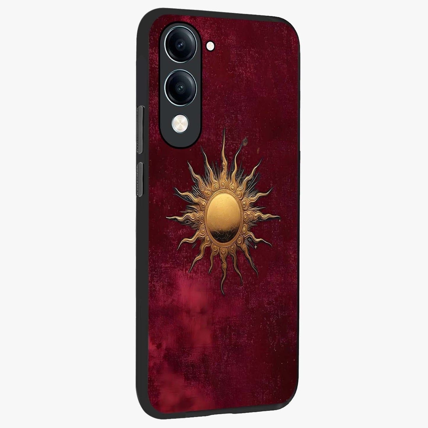 Golden Sun Minimalism Glass Case upright view showcasing simple golden sun artwork with elegant minimalist style.