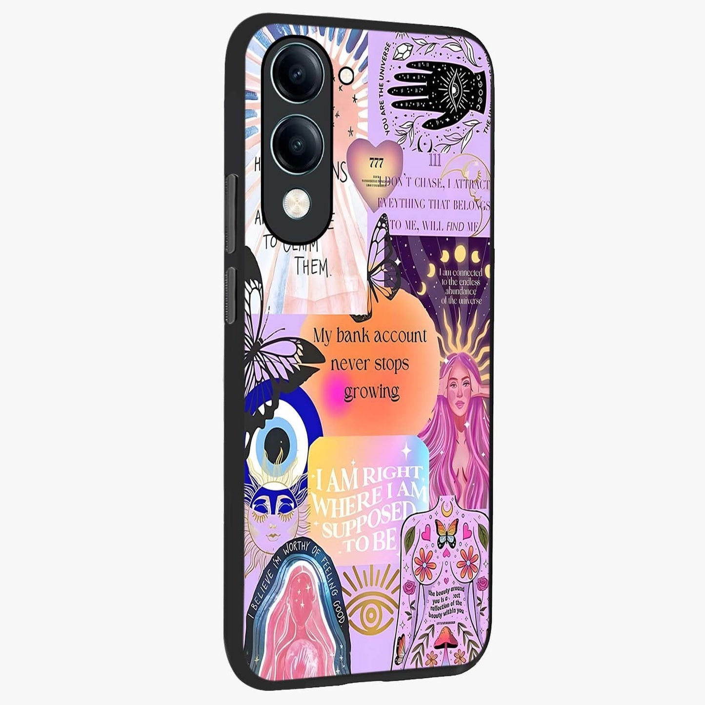Manifestation Collage Glass Case upright view showcasing artistic manifestation themed artwork with creative style.