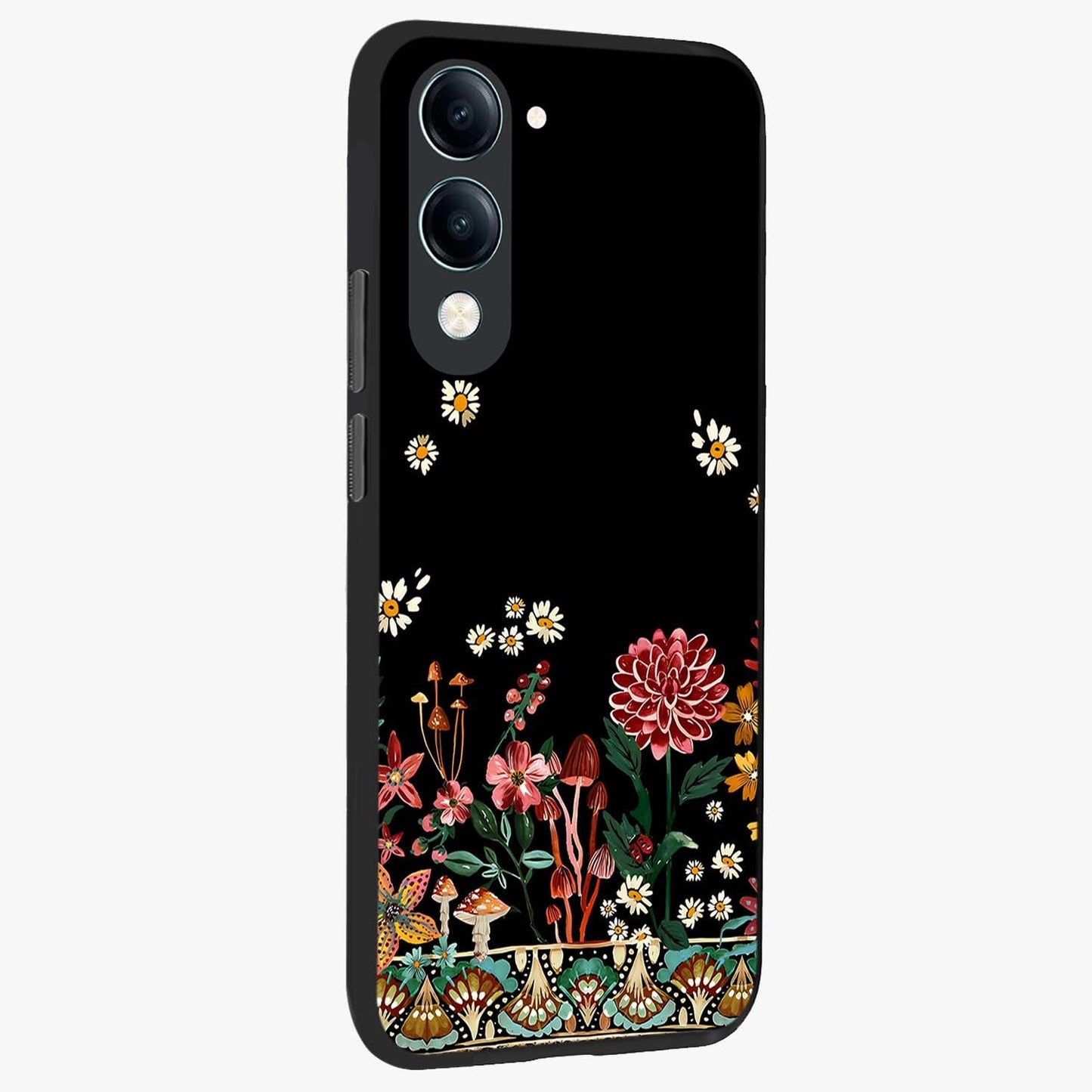 Midnight Bloom Pattern Glass Case upright view showcasing decorative floral artwork with deep night themed palette.