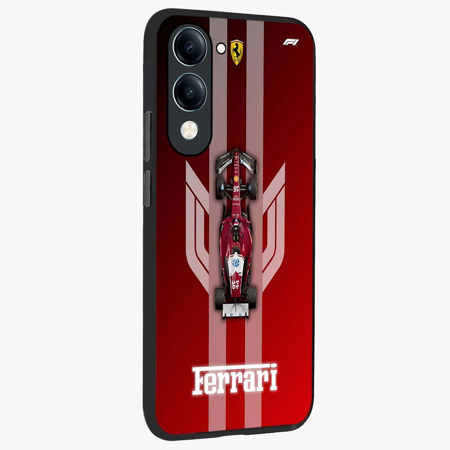 Red Ferrari F1 Vertical Glass Case upright view showcasing powerful Formula car artwork with dynamic motorsport theme.
