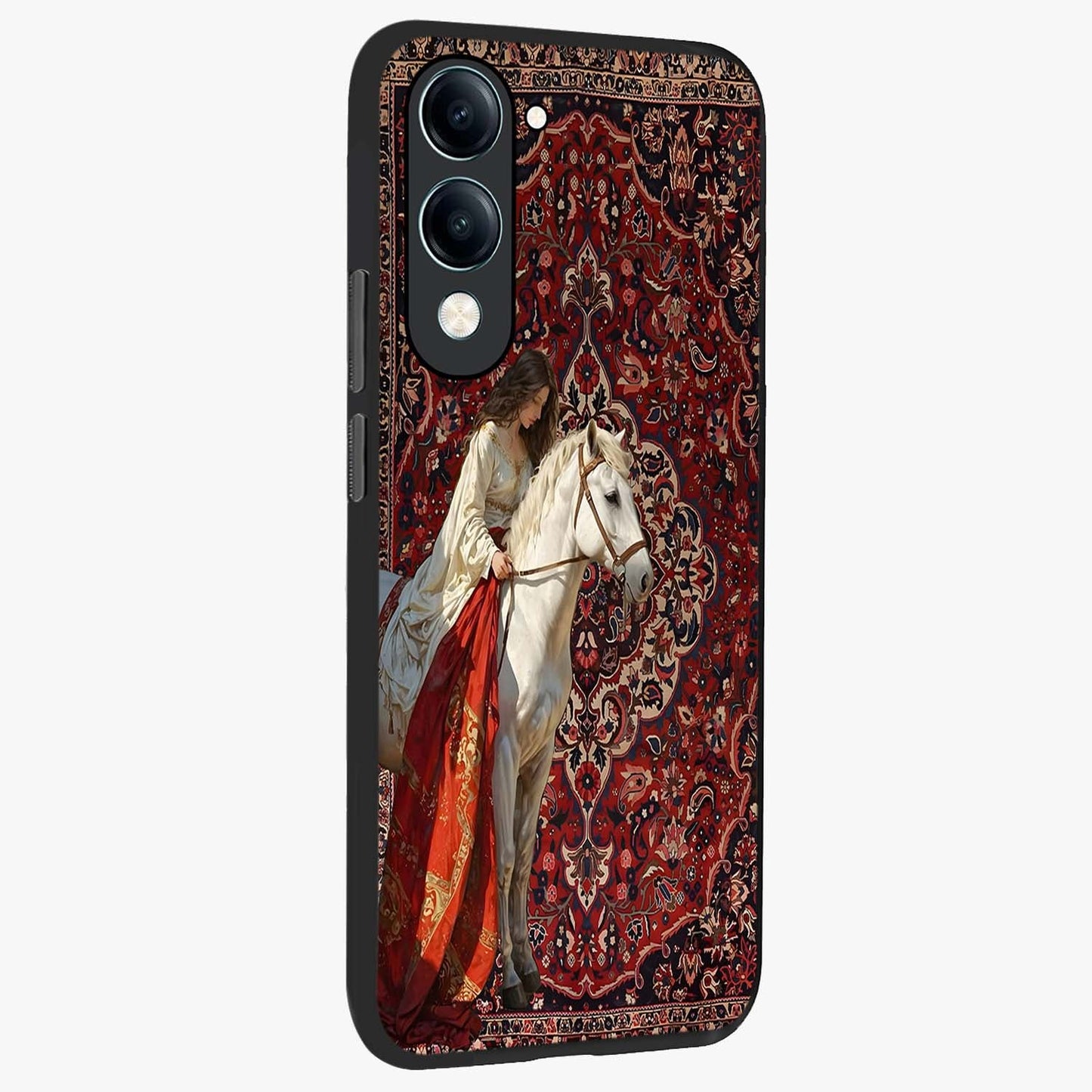 Royal Rider Tapestry Glass Case upright view showcasing detailed rider artwork with classic tapestry theme.