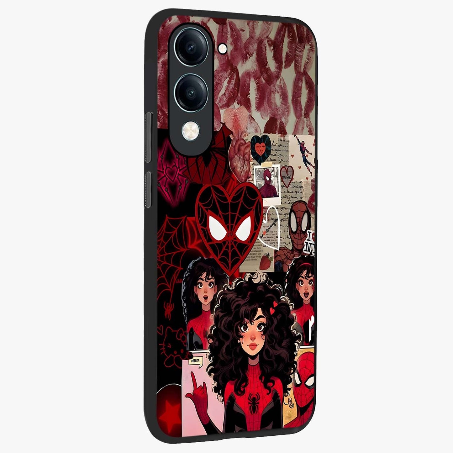 Spider Love Story Glass Case upright view showcasing charming superhero artwork with romantic comic theme.