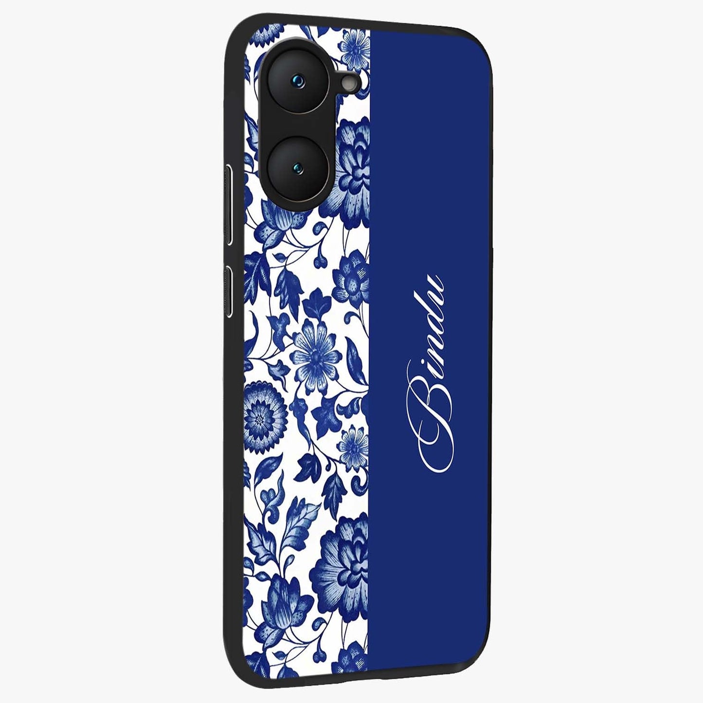 Blue Vintage Floral Pattern Glass Case upright view showcasing delicate blush floral texture with modern minimal style.