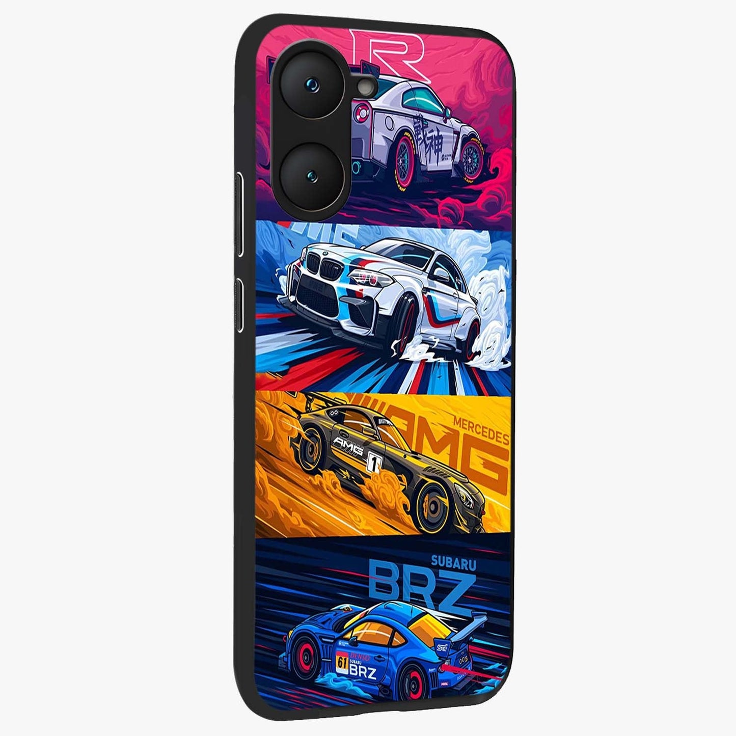 JDM Sports Car Glass Case upright view showcasing dynamic sports car artwork with bold racing theme.