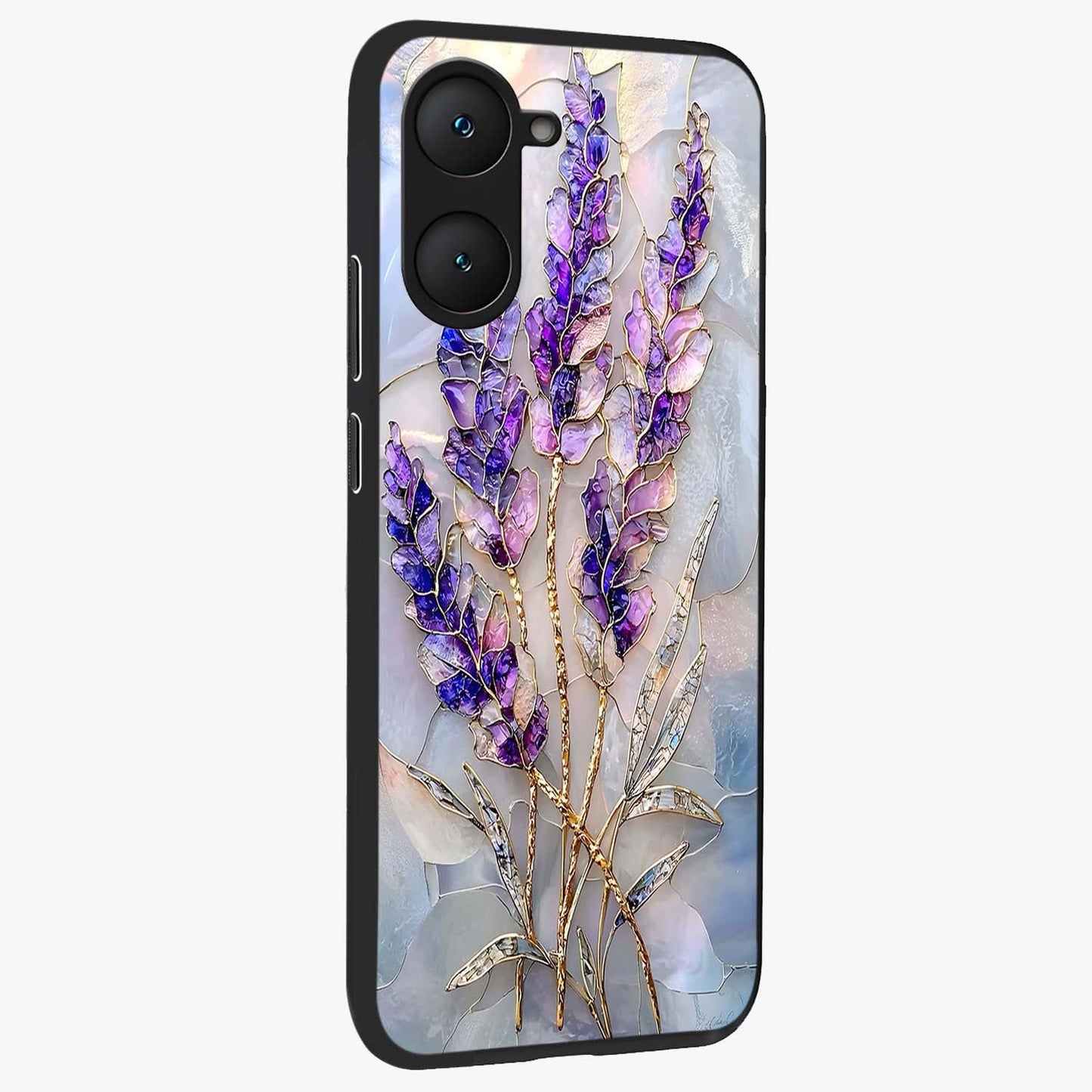 Lavender Dream Glow Glass Case upright view showcasing radiant lavender glow artwork with calming dreamy theme.