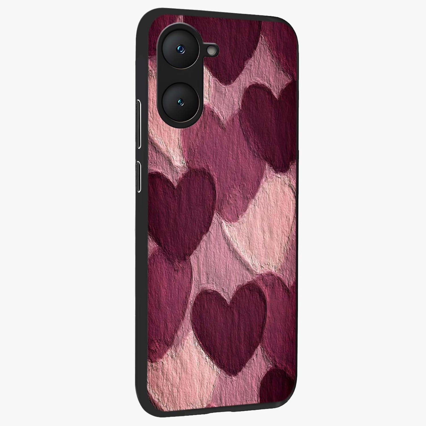 Layered Paper Hearts Glass Case upright view showcasing decorative layered heart artwork with sweet love theme.