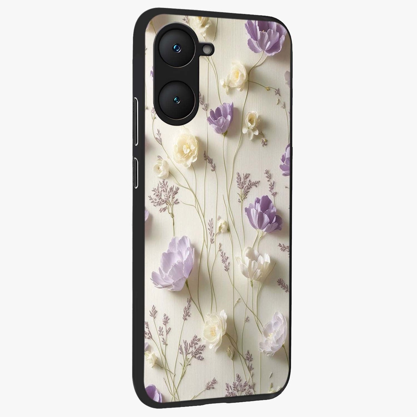 Lilac Breeze Harmony Glass Case upright view showcasing delicate lilac artwork with peaceful floral theme.