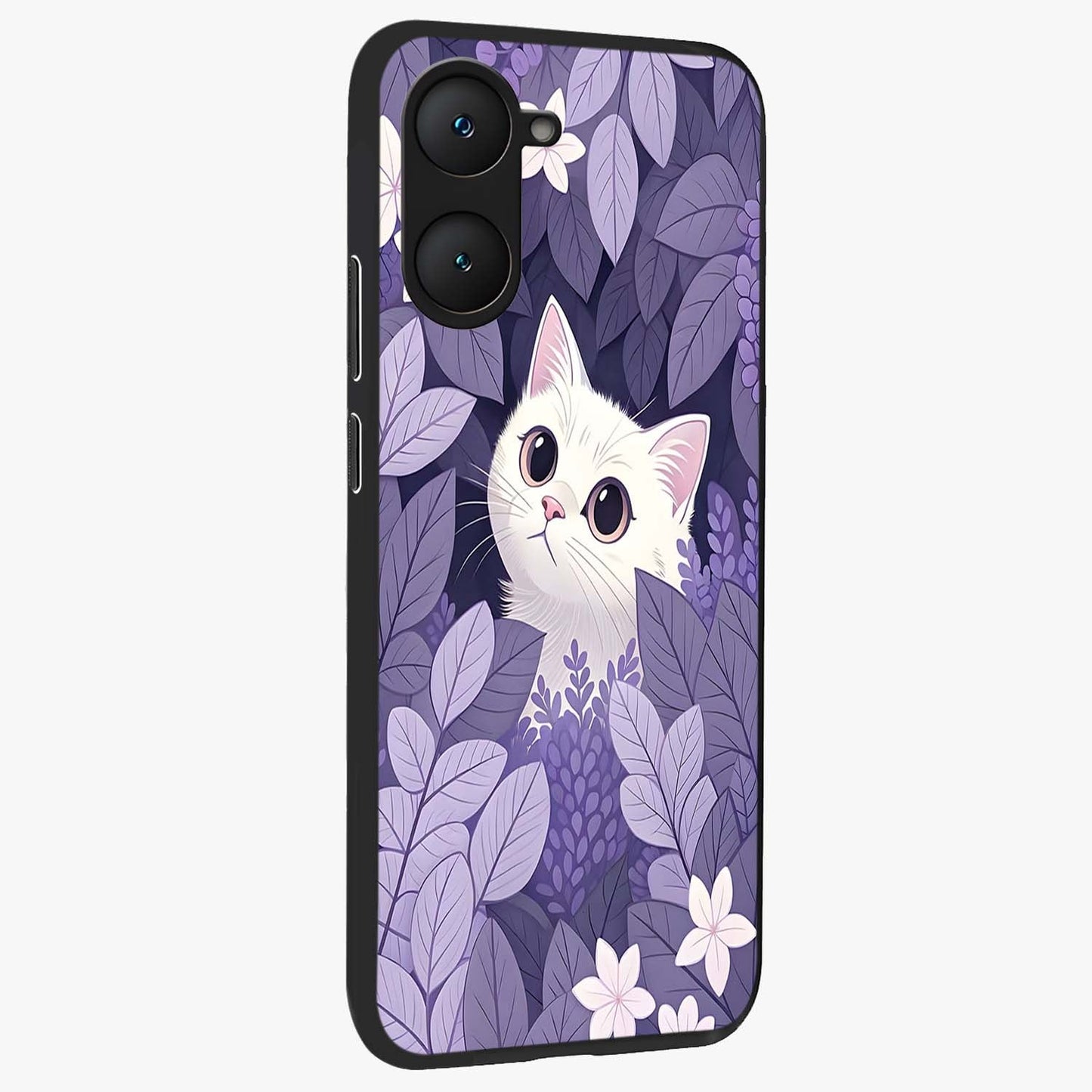 Lilac Hide Peek Cat Glass Case upright view showcasing charming cat artwork with adorable peek theme.