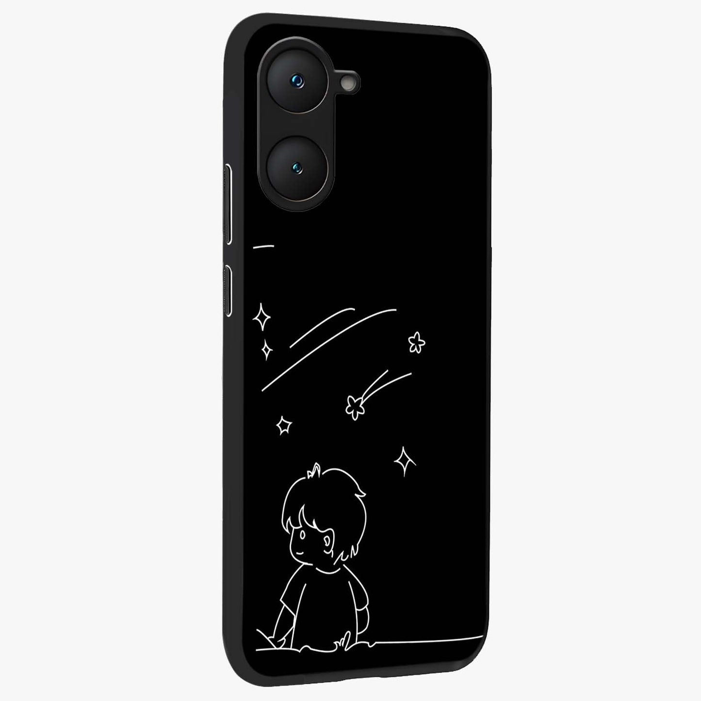 Line Art Boy With Shooting Stars Glass Case upright view showcasing artistic shooting star illustration with minimal style.