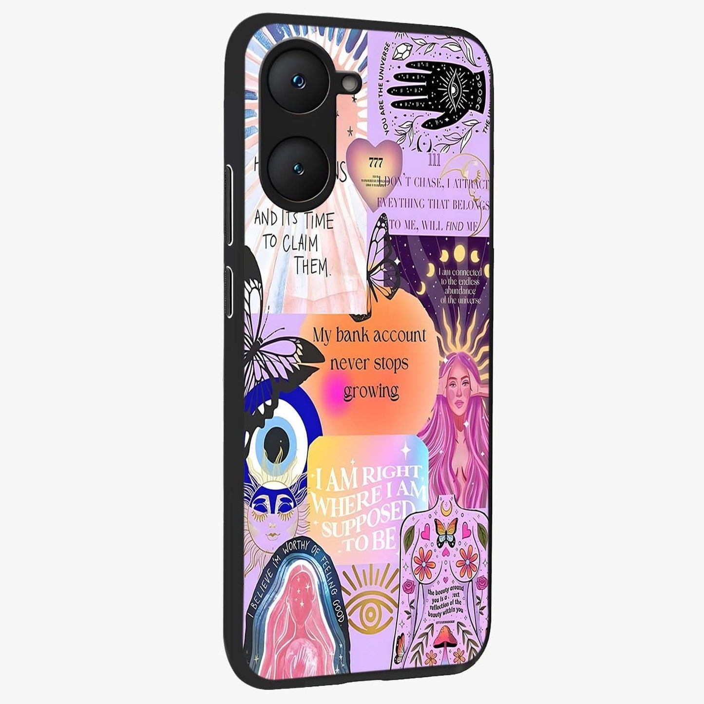 Manifestation Collage Glass Case upright view showcasing artistic manifestation themed artwork with creative style.