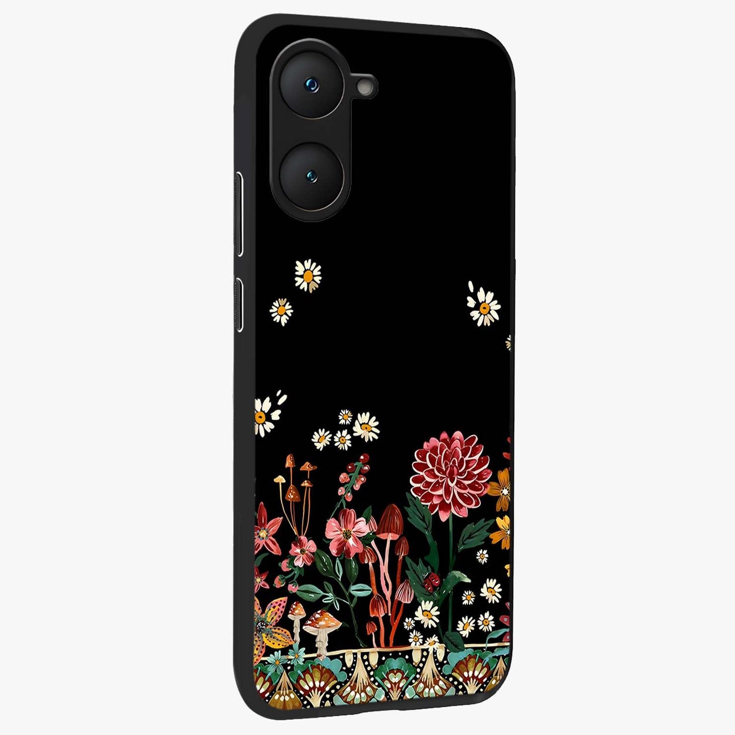 Midnight Bloom Pattern Glass Case upright view showcasing decorative floral artwork with deep night themed palette.