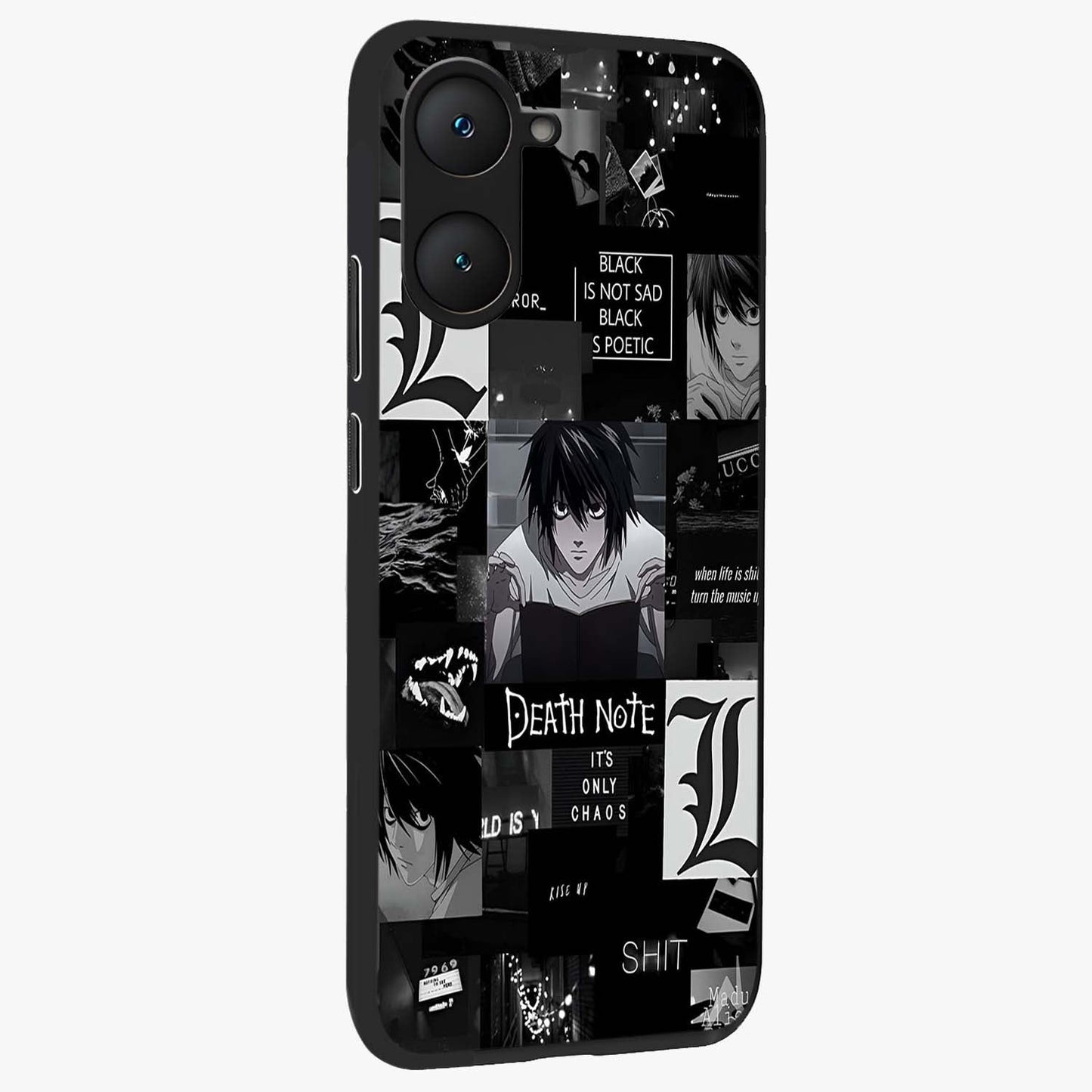 Midnight Chaos Mind Glass Case upright view showcasing expressive abstract artwork with bold dark theme.