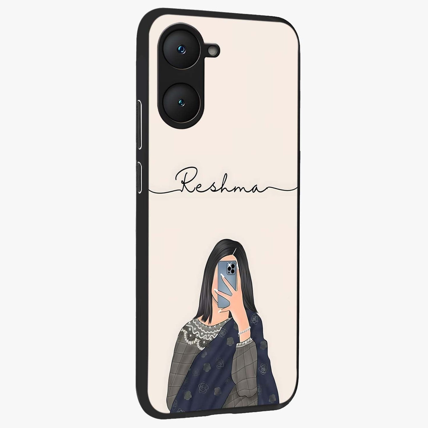Mirror Mood Muse With Custom Name Glass Case upright view showcasing artistic mirror themed artwork with personalized aesthetic.