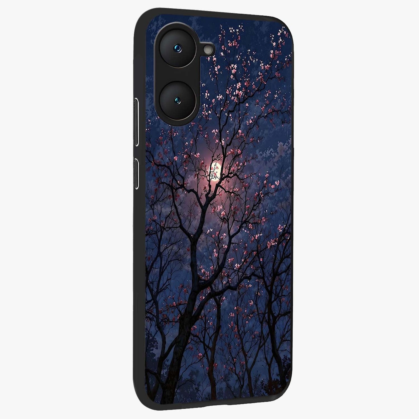 Twilight Sakura Serenade Glass Case upright view showcasing beautiful cherry blossom artwork with serene evening theme.