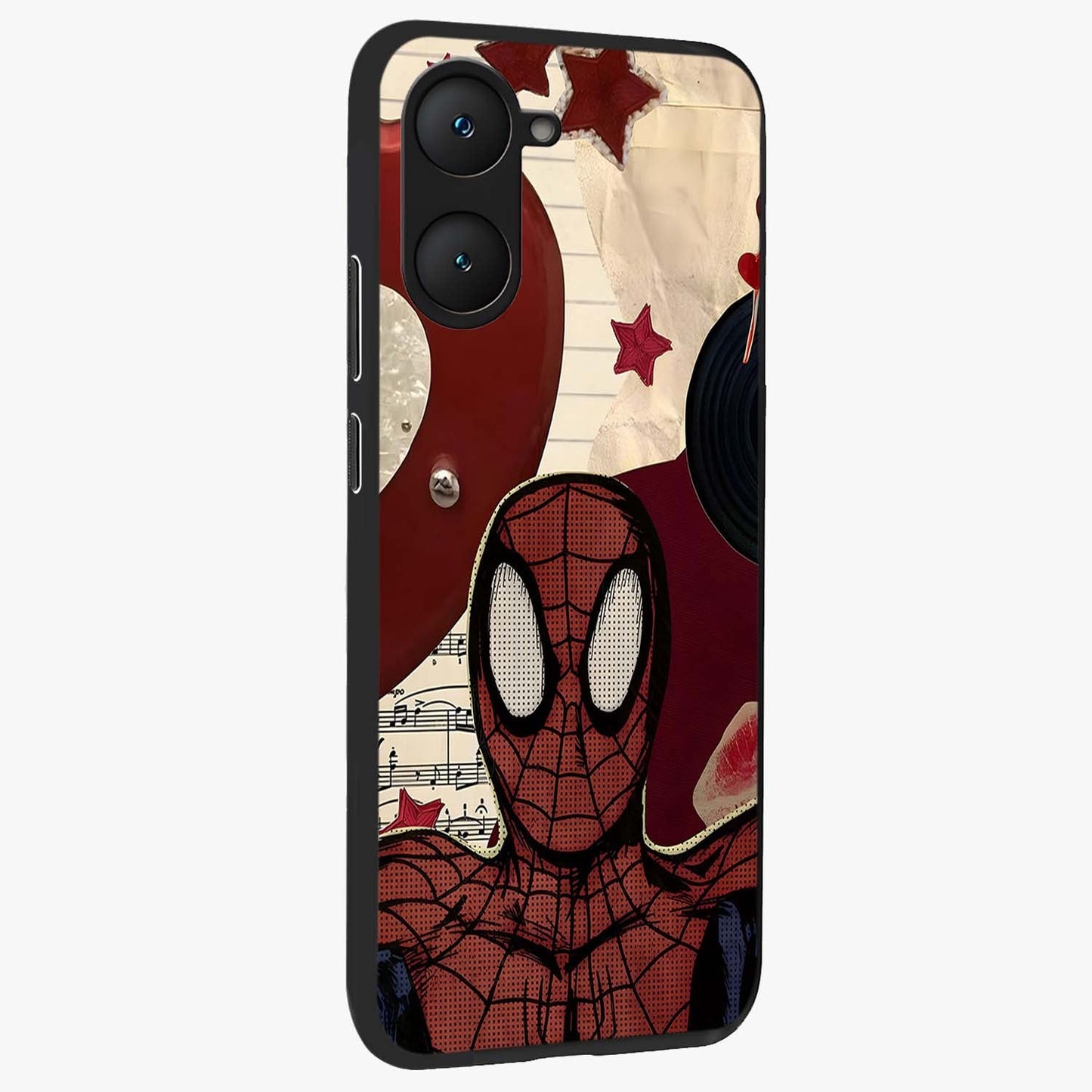 Web Warrior Vibes Glass Case upright view showcasing energetic superhero artwork with bold action theme.