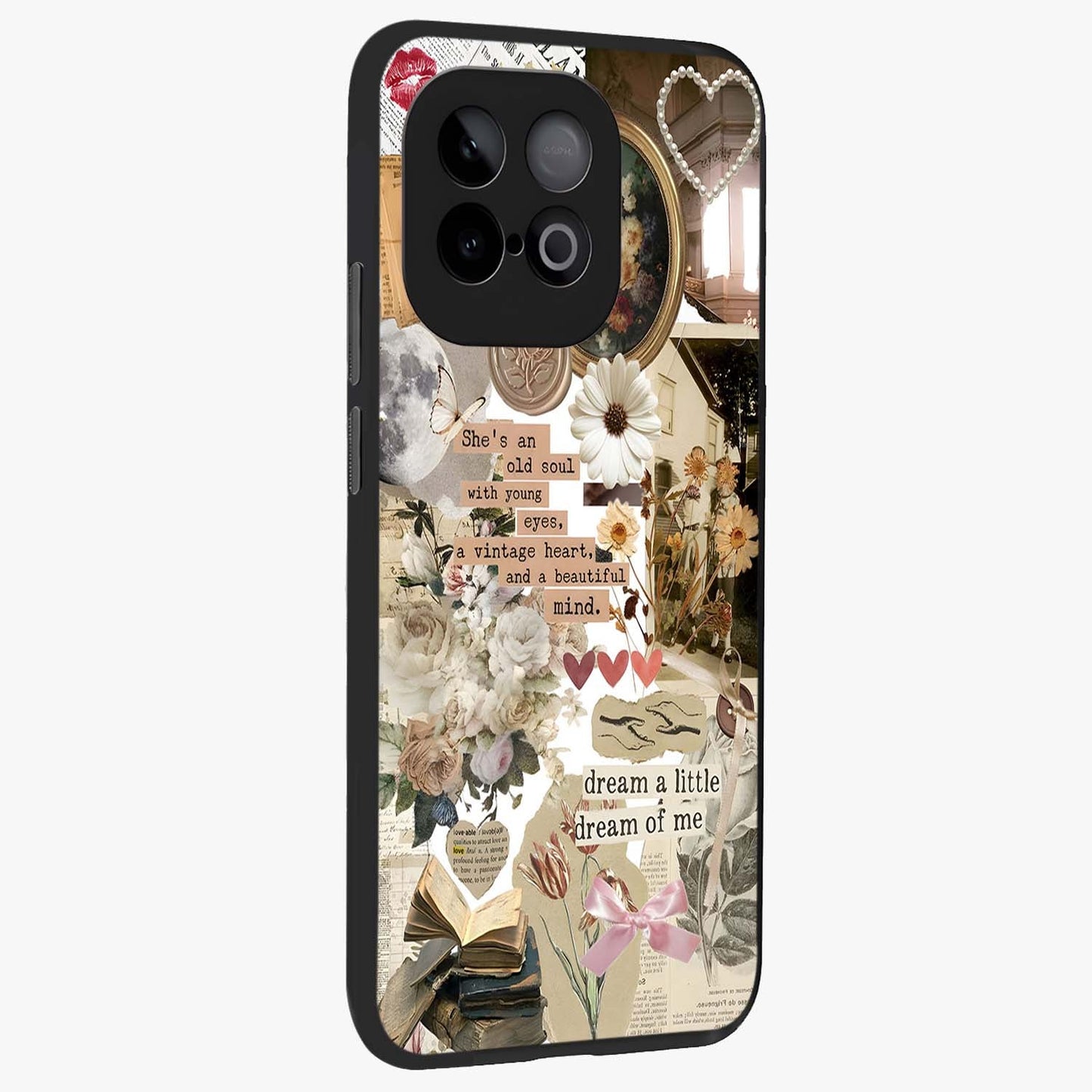 Aesthetic Brown Vintage Collage Glass Case upright view showcasing nostalgic retro artwork with stylish vintage theme.