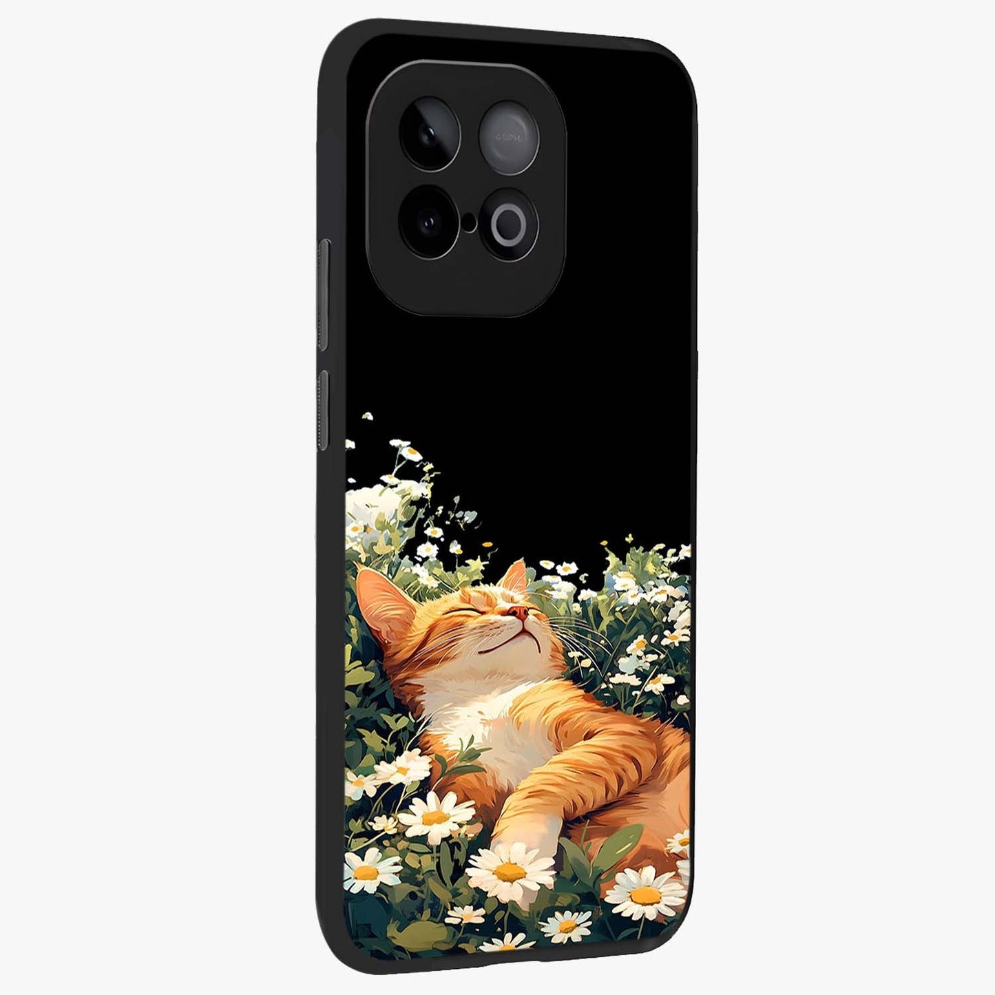 Blissful Bloom Cat Glass Case upright view showcasing charming cat design surrounded by blooming floral elements.
