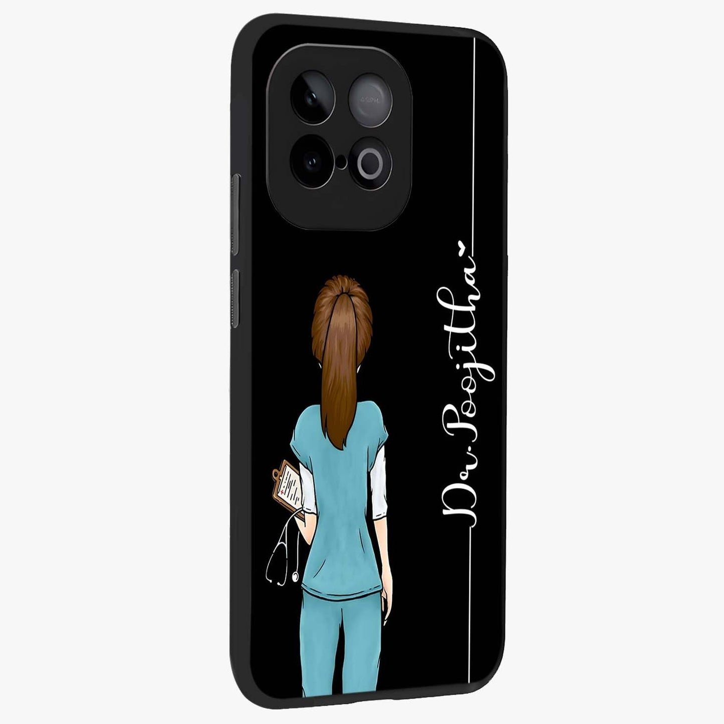 Doctor Pattern Custom Name Glass Case upright view showcasing healthcare themed design with personalized aesthetic.