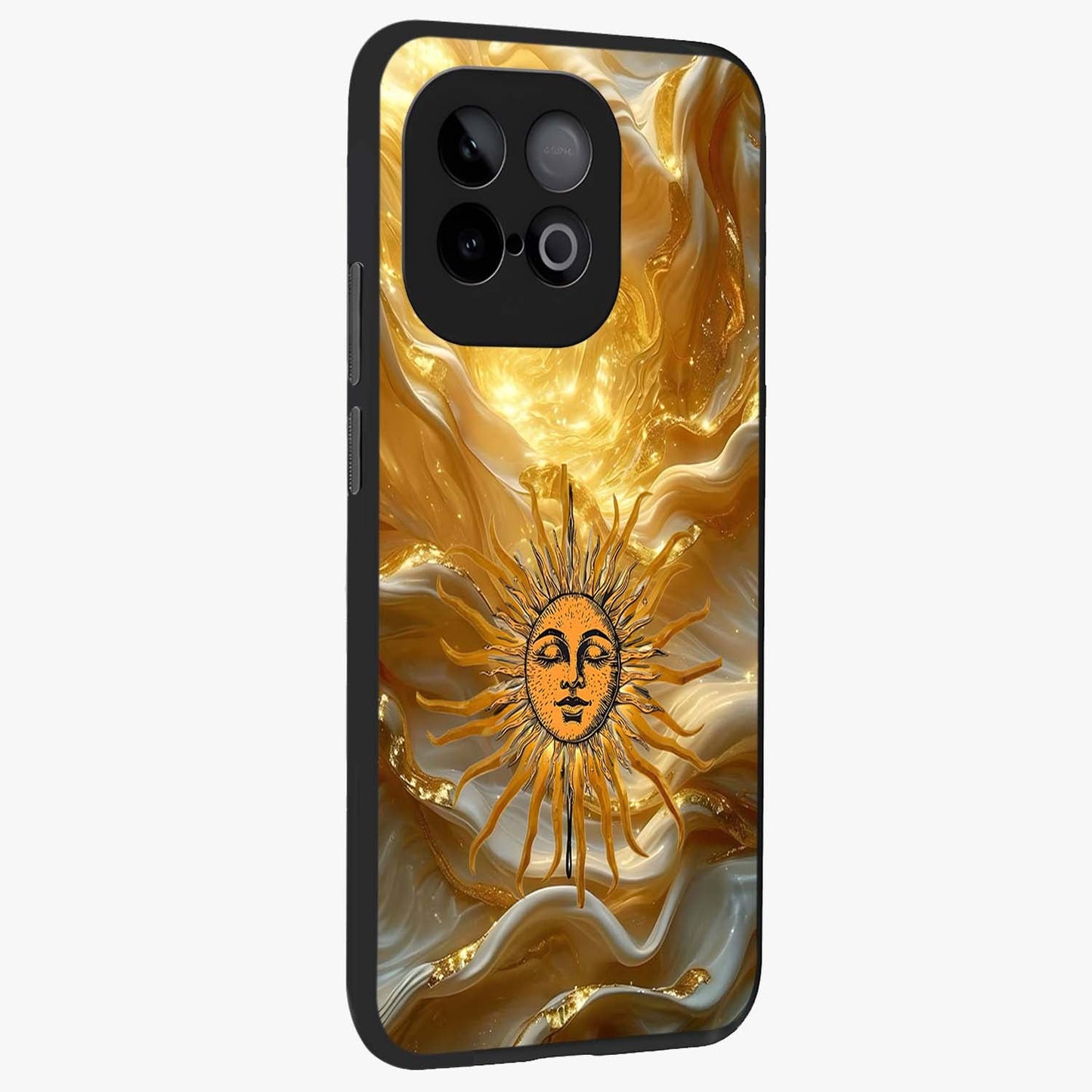 Eternal Golden Glow Glass Case upright view showcasing luminous golden artwork with luxurious visual theme.
