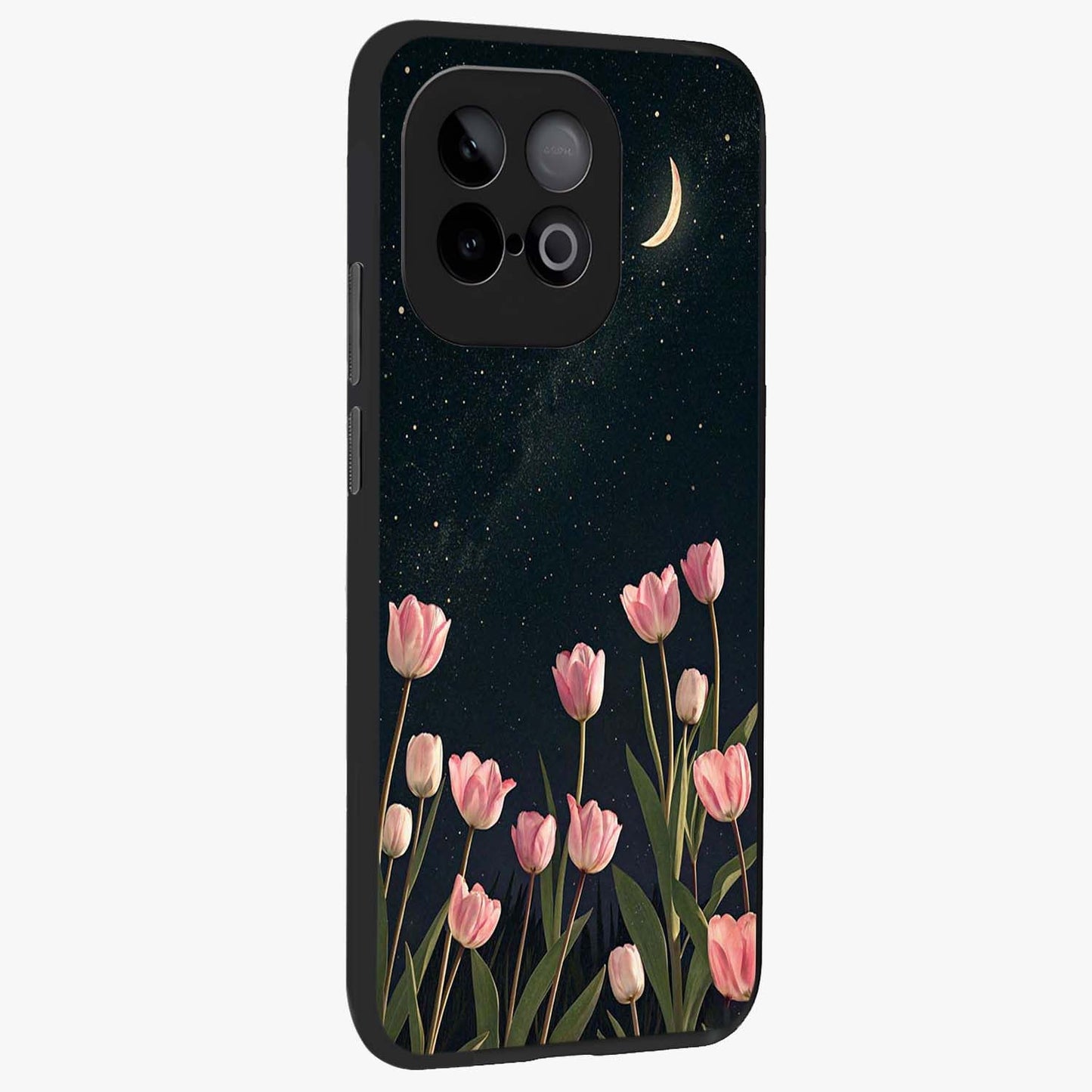 Midnight Tulip Whispers Vibe Glass Case upright view showcasing graceful tulip artwork with calm botanical theme.