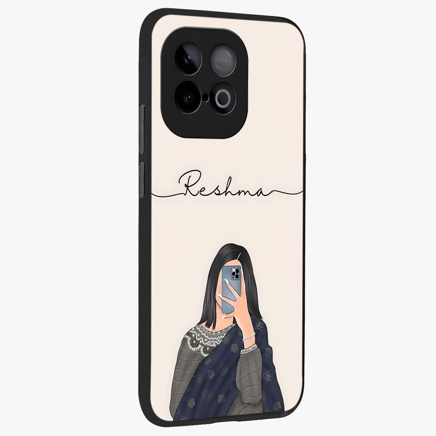 Mirror Mood Muse With Custom Name Glass Case upright view showcasing artistic mirror themed artwork with personalized aesthetic.