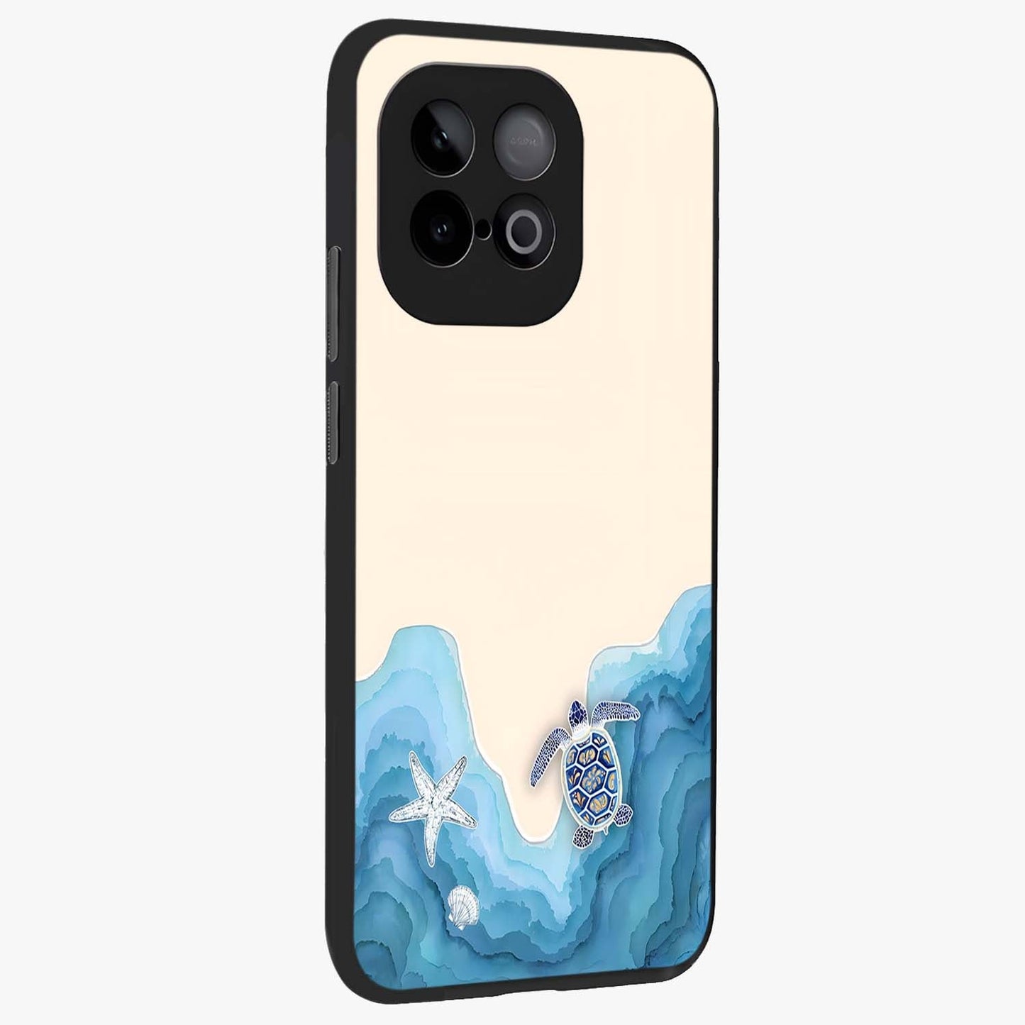 Ocean Drift Turtle Glass Case upright view showcasing calm underwater turtle artwork with nature inspired theme.