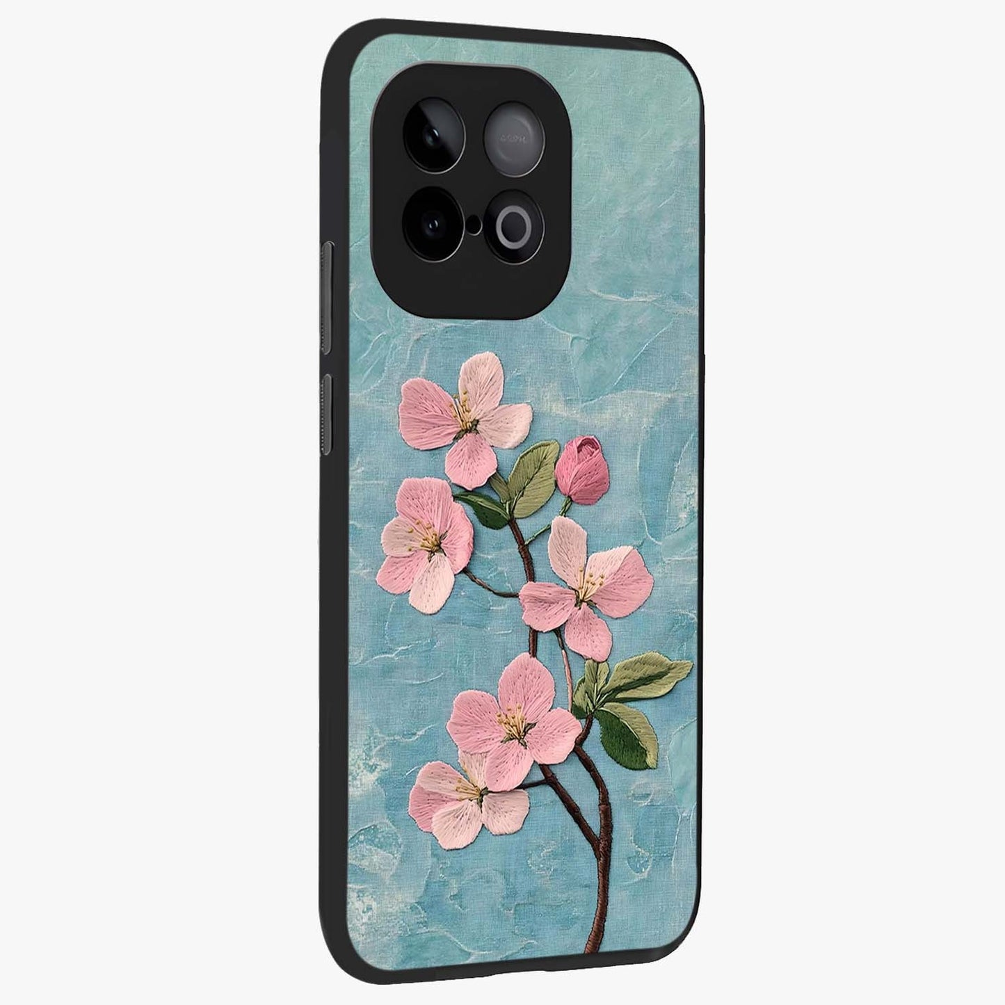 Threaded Blossom Breeze Glass Case upright view showcasing graceful flower artwork with calm botanical theme.