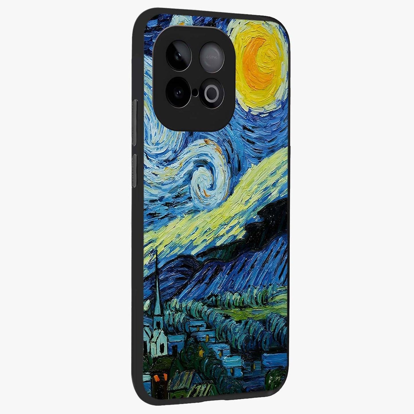Van Gogh Art Glass Case upright view showcasing expressive painting style artwork with timeless artistic theme.