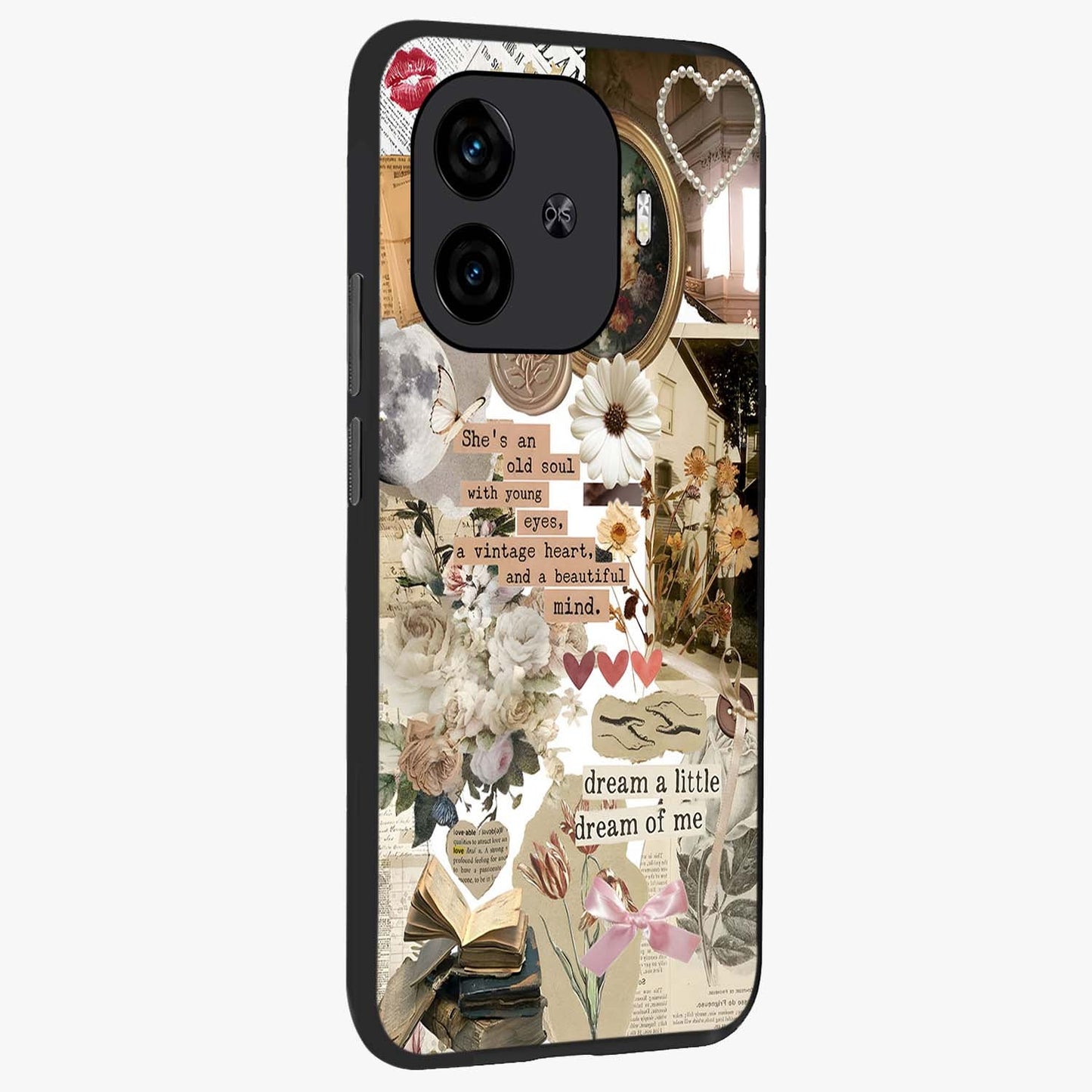 Aesthetic Brown Vintage Collage Glass Case upright view showcasing nostalgic retro artwork with stylish vintage theme.