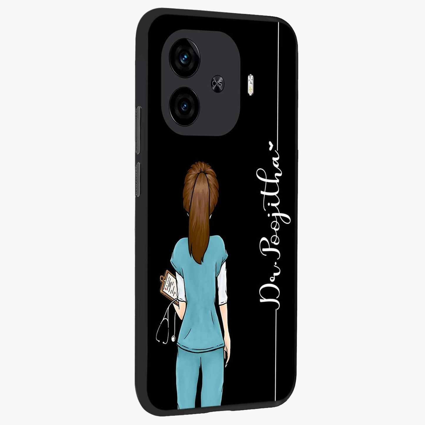 Doctor Pattern Custom Name Glass Case upright view showcasing healthcare themed design with personalized aesthetic.