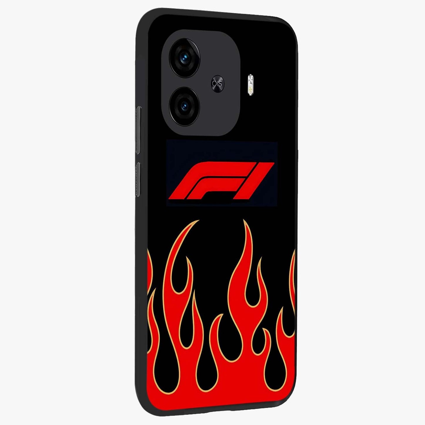 Fire F11 Glass Case upright view showcasing dynamic flame artwork with intense visual theme.