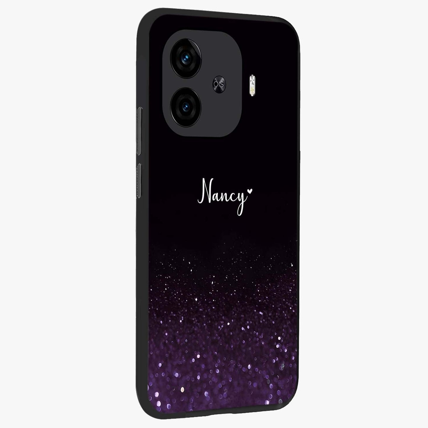 Glittery Purple Bokeh Custom Name Glass Case upright view showcasing vibrant purple sparkle artwork with personalized aesthetic style.