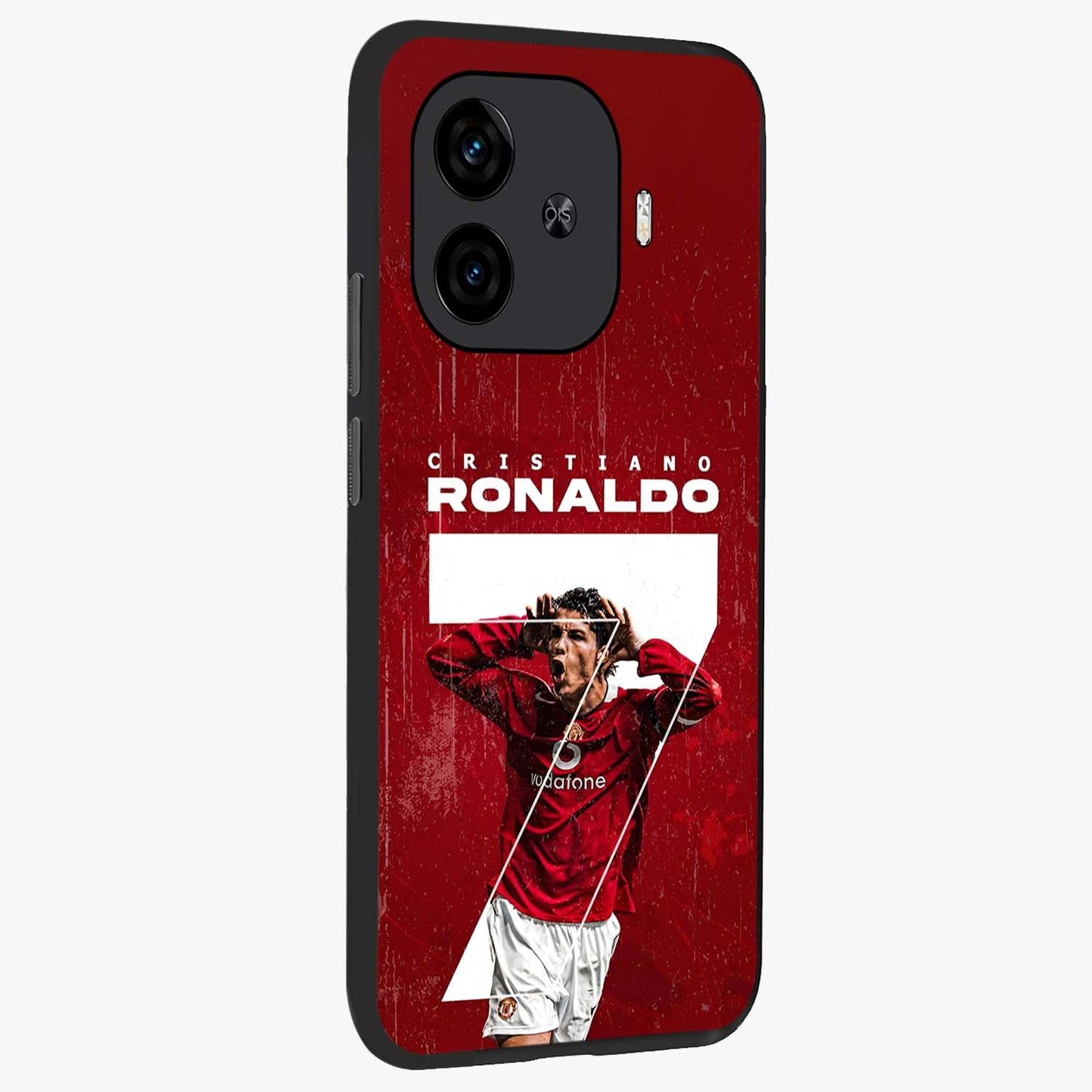 Goal Celebration Legacy Glass Case upright view showcasing dynamic football inspired artwork with victory celebration aesthetic.
