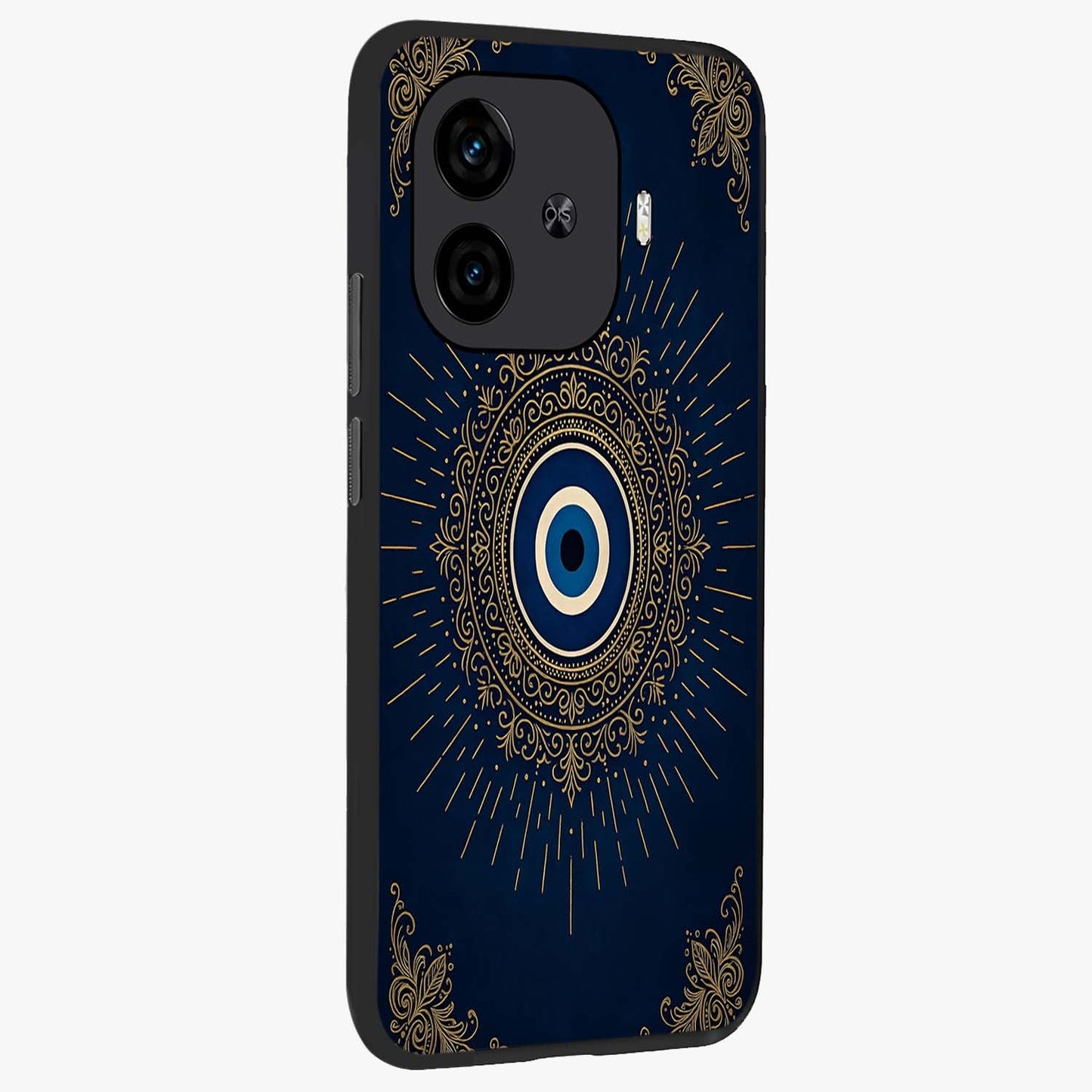 Golden Celestial Charm Glass Case upright view showcasing radiant celestial artwork with elegant golden theme.