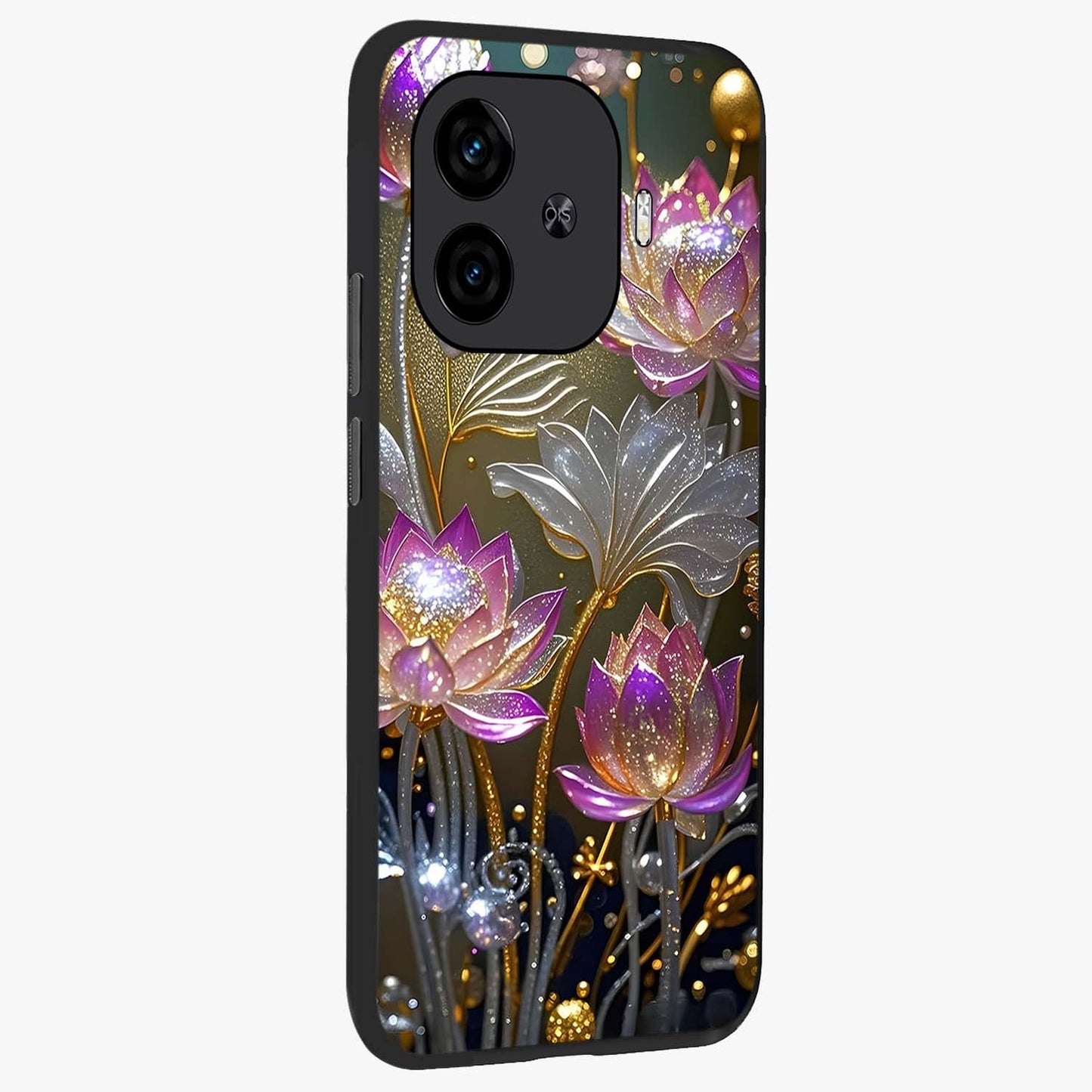 Golden Floral Majesty Glass Case upright view showcasing majestic floral artwork with rich decorative theme.