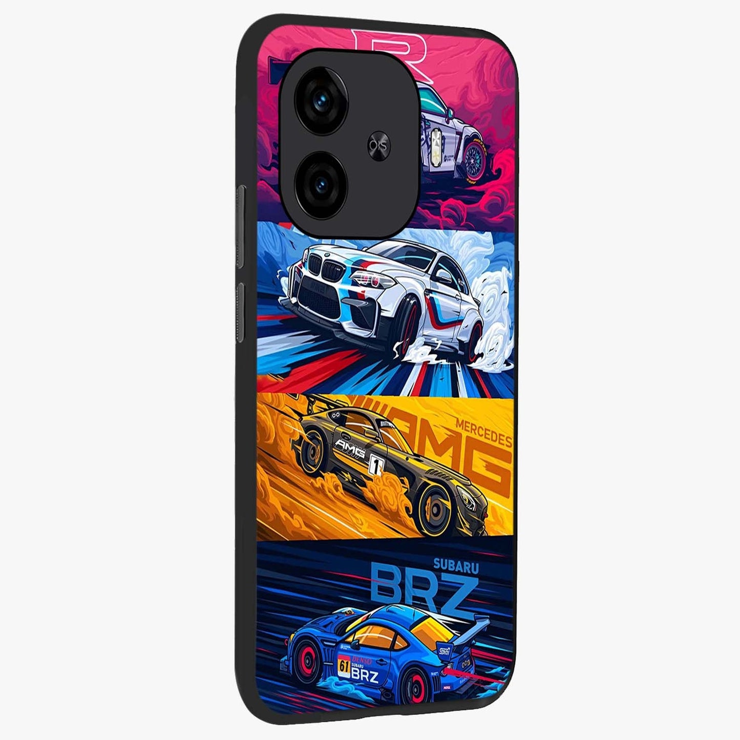 JDM Sports Car Glass Case upright view showcasing dynamic sports car artwork with bold racing theme.