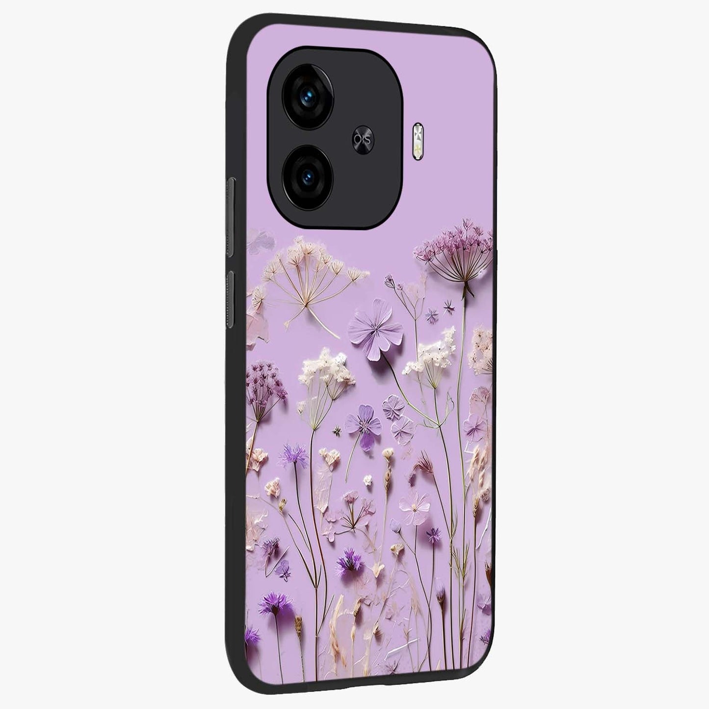Lavender Blossom Dream Glass Case upright view showcasing delicate lavender blossom artwork with peaceful floral theme.