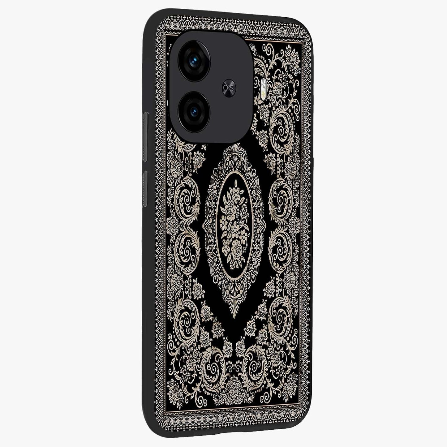 Noir Bloom Elegance Glass Case upright view showcasing graceful floral artwork with luxurious dark theme.