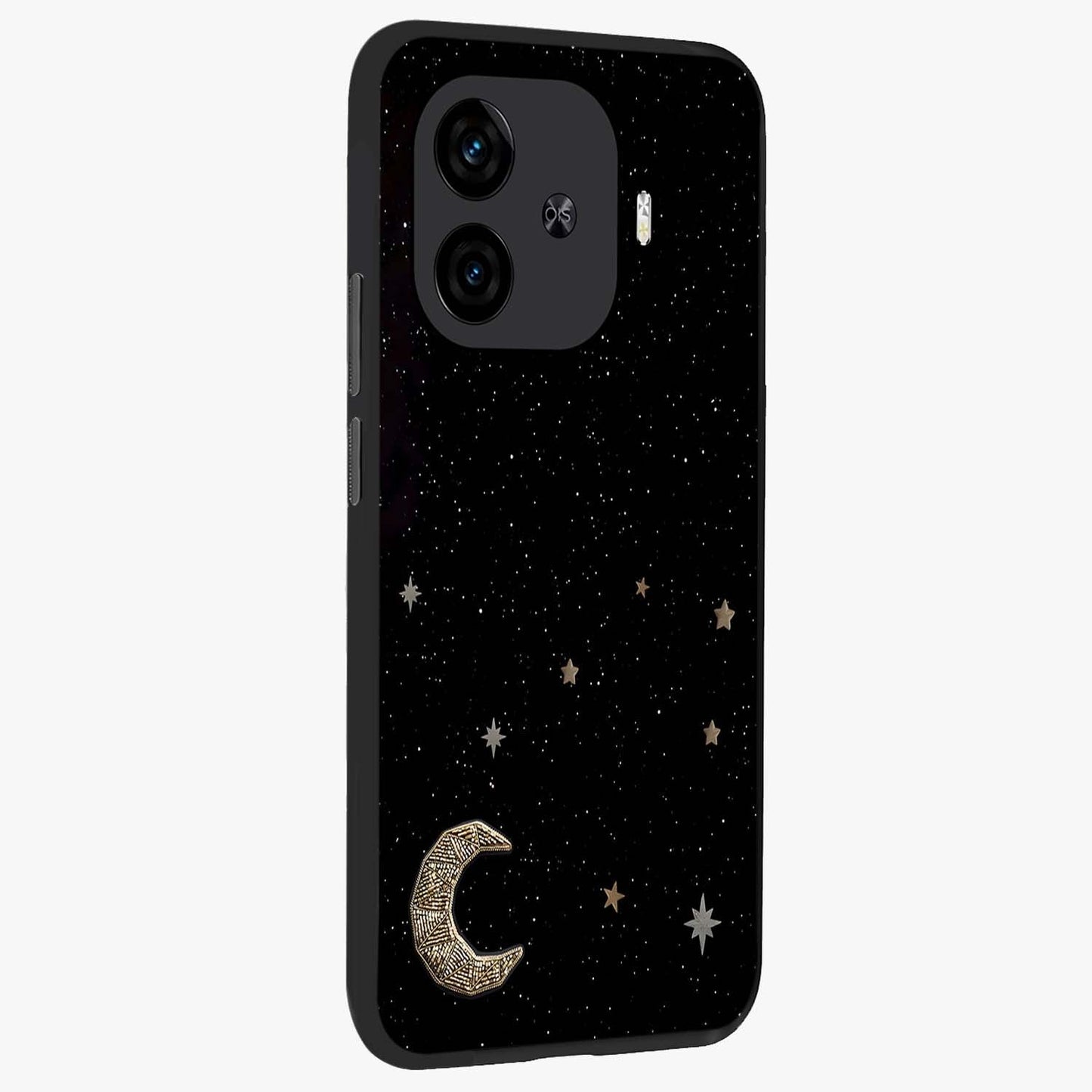 Twinkle Star With Half Moon Glass Case upright view showcasing glowing cosmic artwork with dreamy night theme.