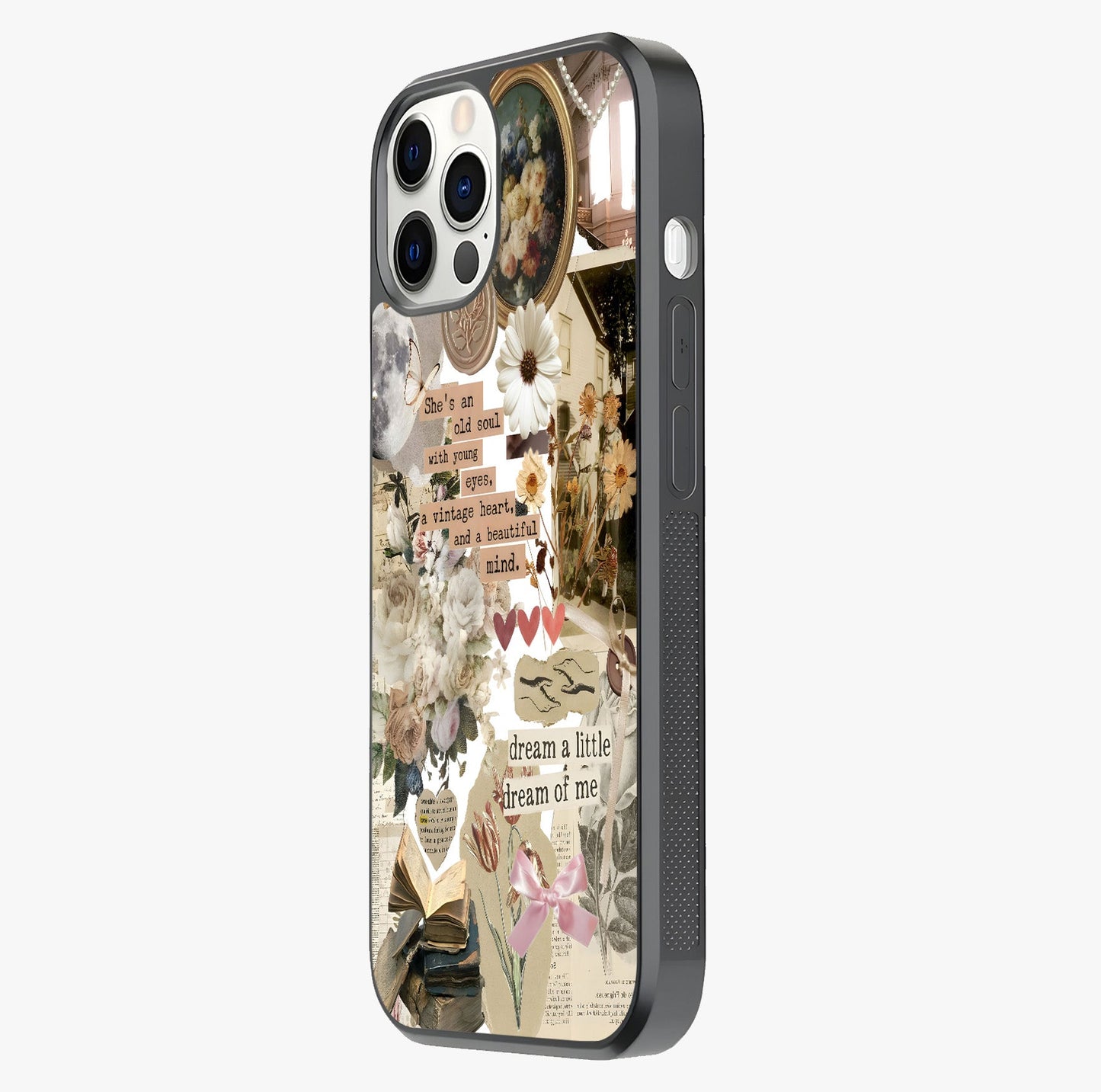 Aesthetic Brown Vintage Collage Glass Case photographed in natural light showing reflective finish and design depth.
