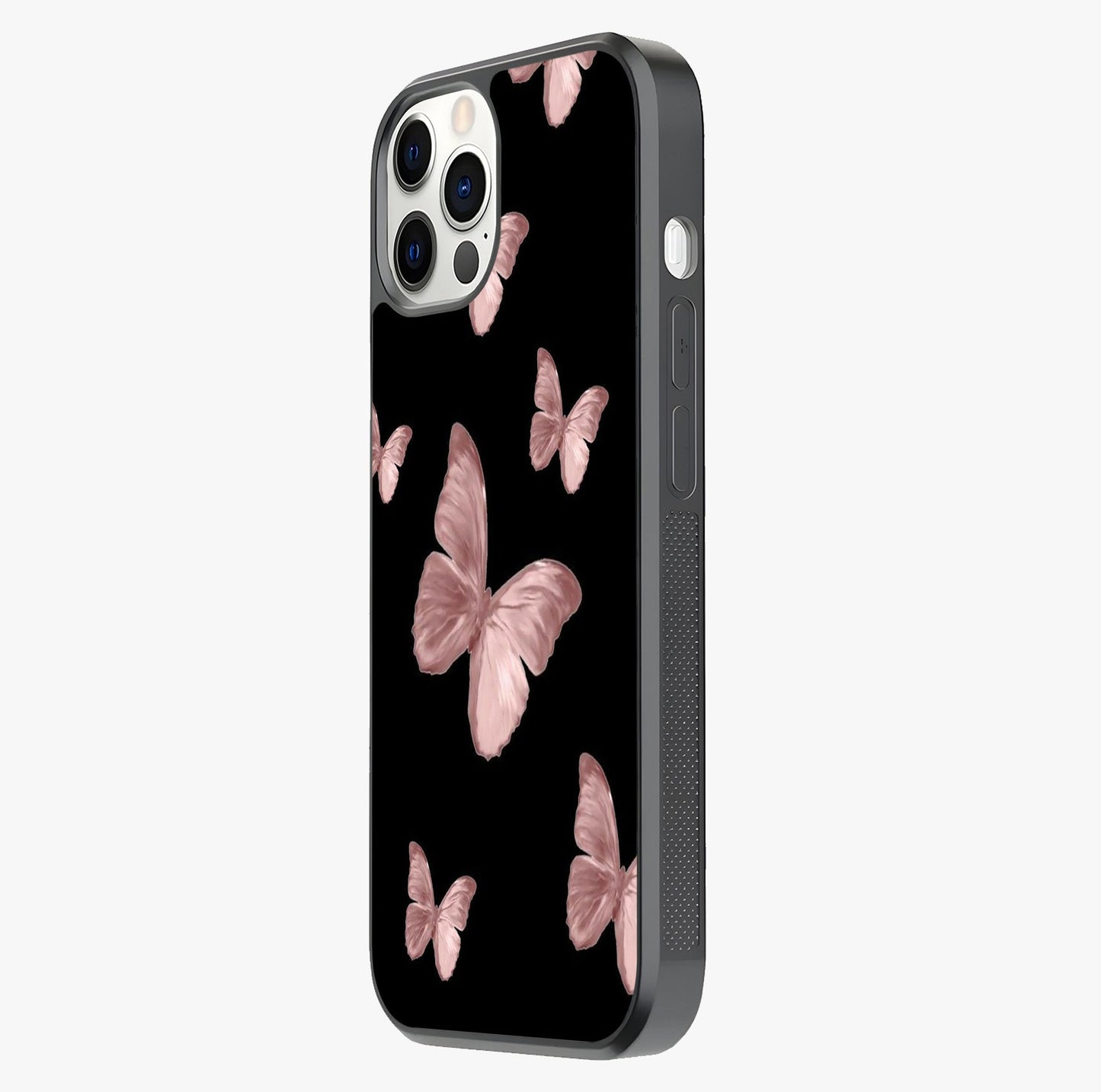 Butterfly Pattern Glass Case photographed in natural light showing reflective finish and design depth.