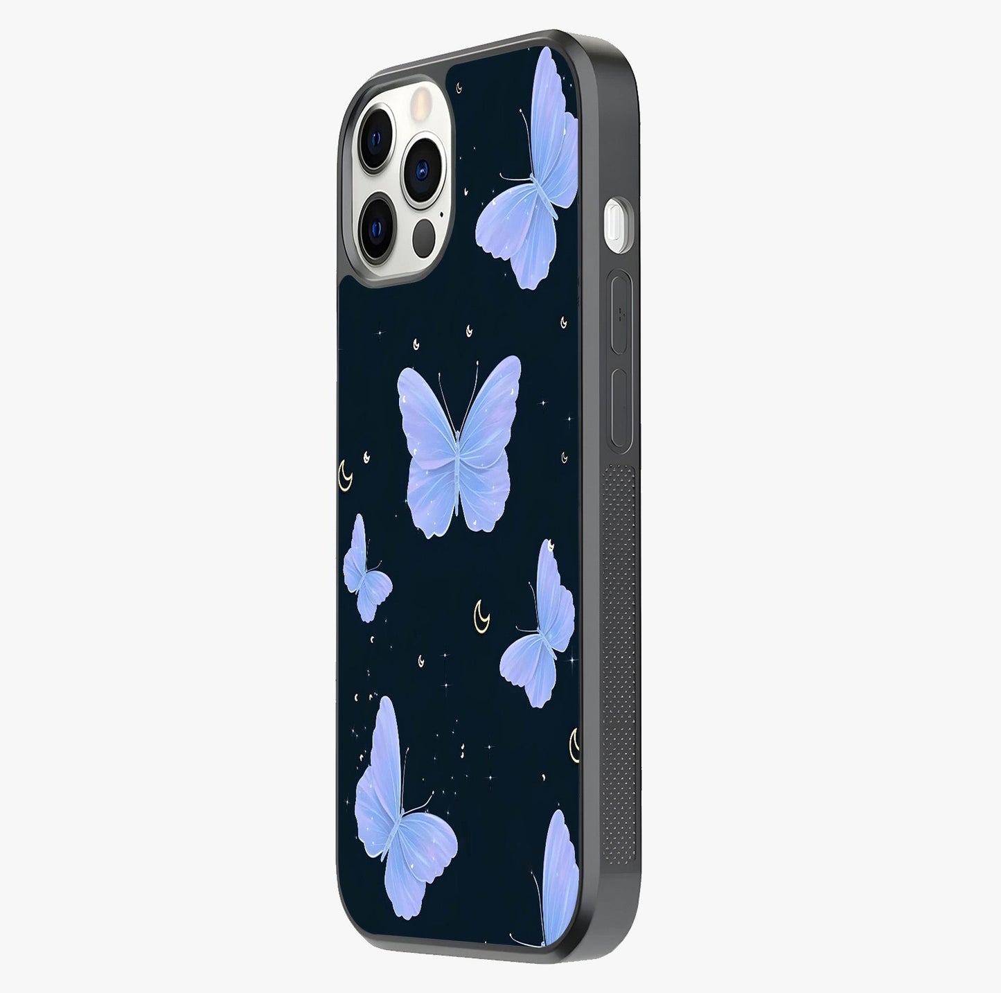 Butterfly With Stars Pattern Glass Case photographed in natural light showing reflective finish and design depth.