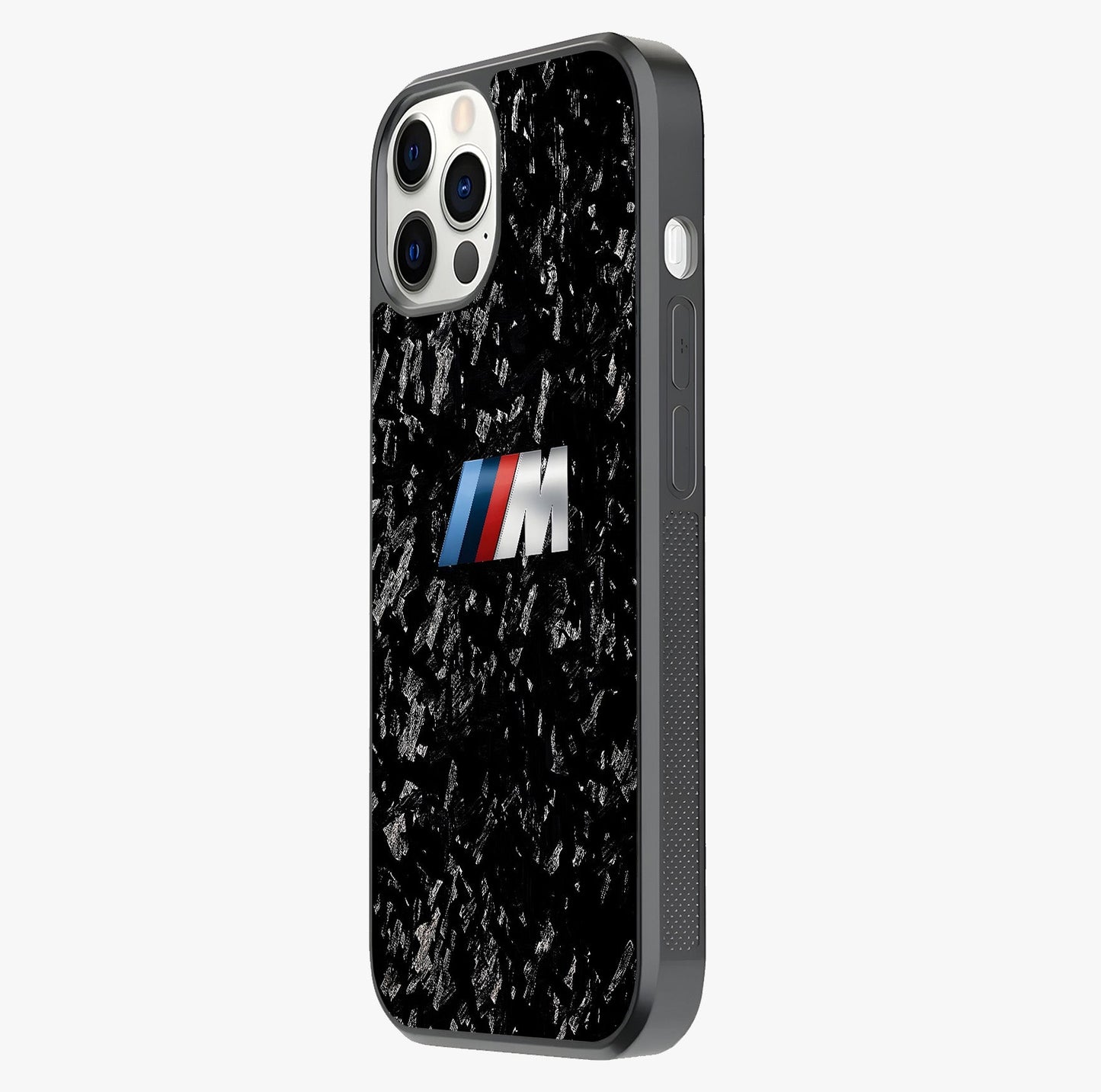 Carbon Speed Mark Glass Case photographed in natural light showing reflective finish and design depth.