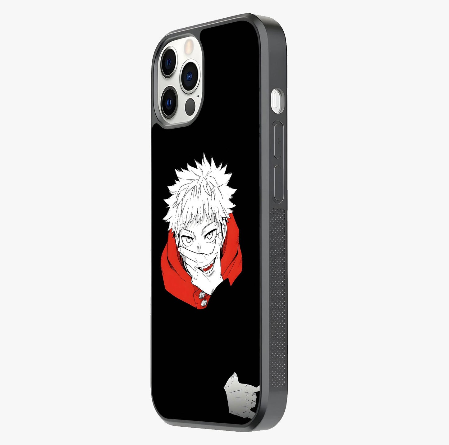 Crimson Chaos Smile Glass Case photographed in natural light showing reflective finish and design depth.