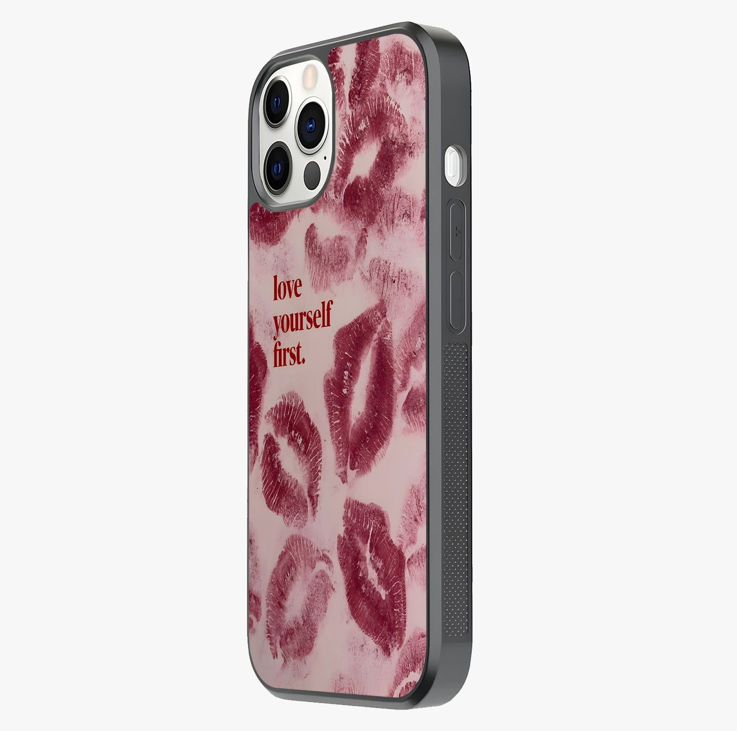 Crimson Kiss Love Glass Case photographed in natural light showing reflective finish and design depth.