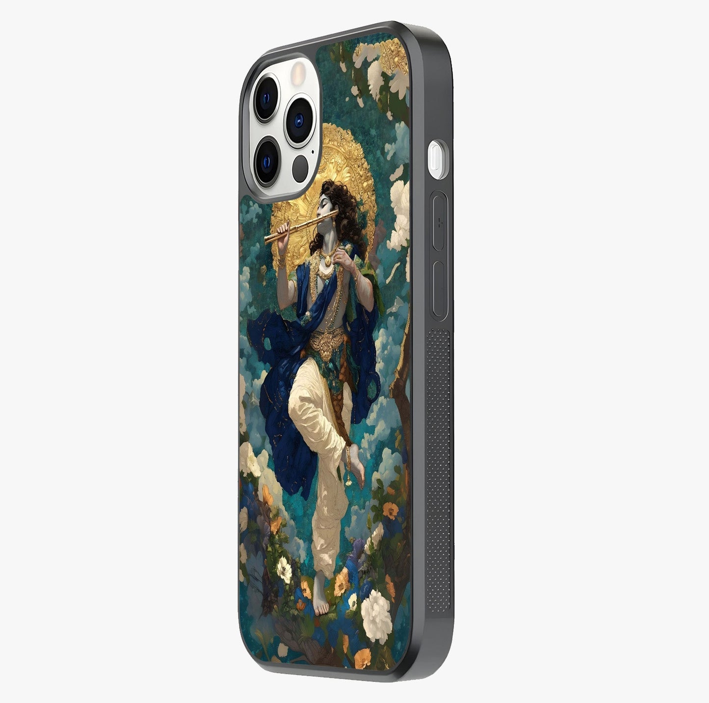 Divine Krishna Art Glass Case photographed in natural light showing reflective finish and design depth.
